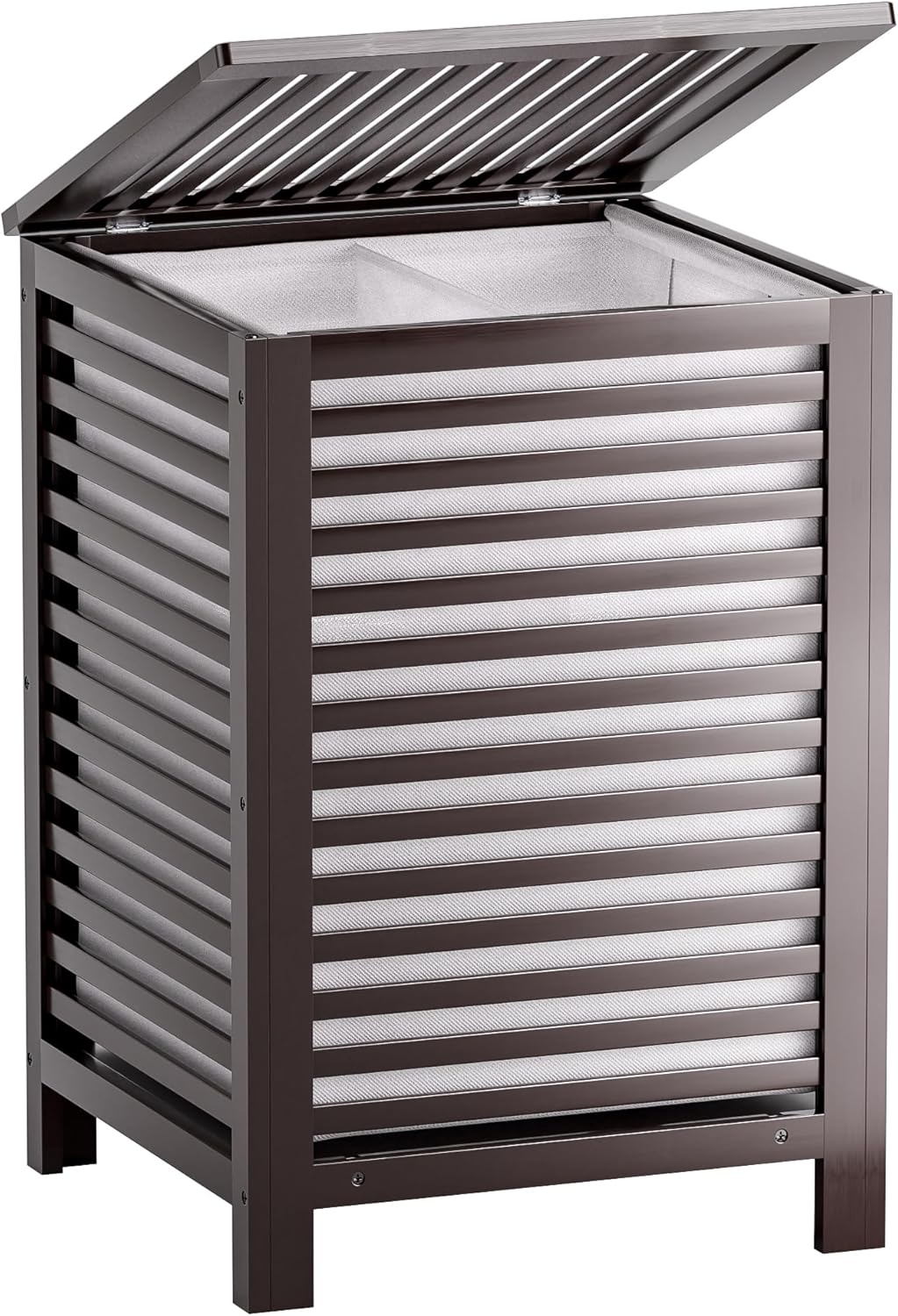 SMIBUY Double Laundry Hamper with Lid, 120L Bamboo Laundry Basket with Removable Liner Bag