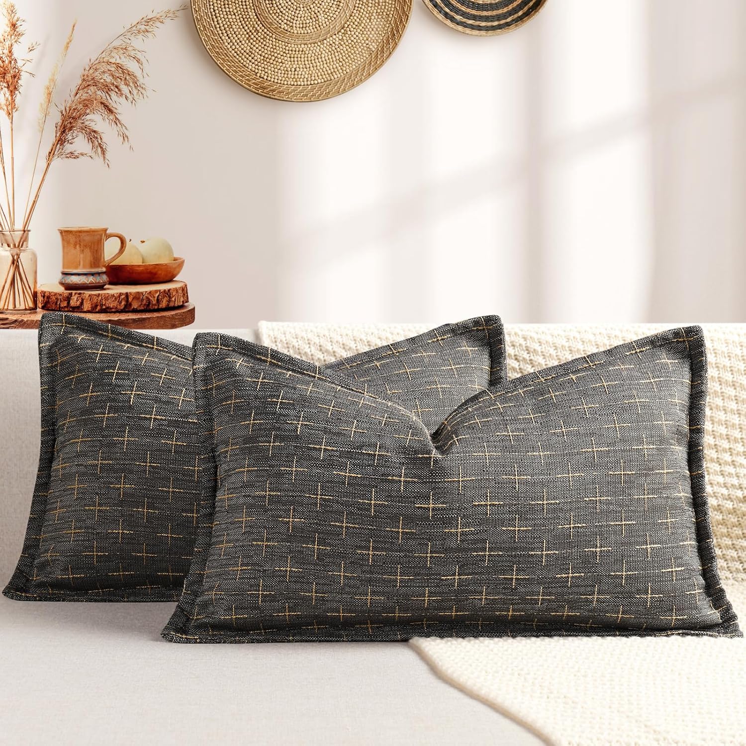 ZWJD 12x20 Pillow Covers Set of 2 Soft Polyester Textured Pillow Covers with Stylish Flange Edge