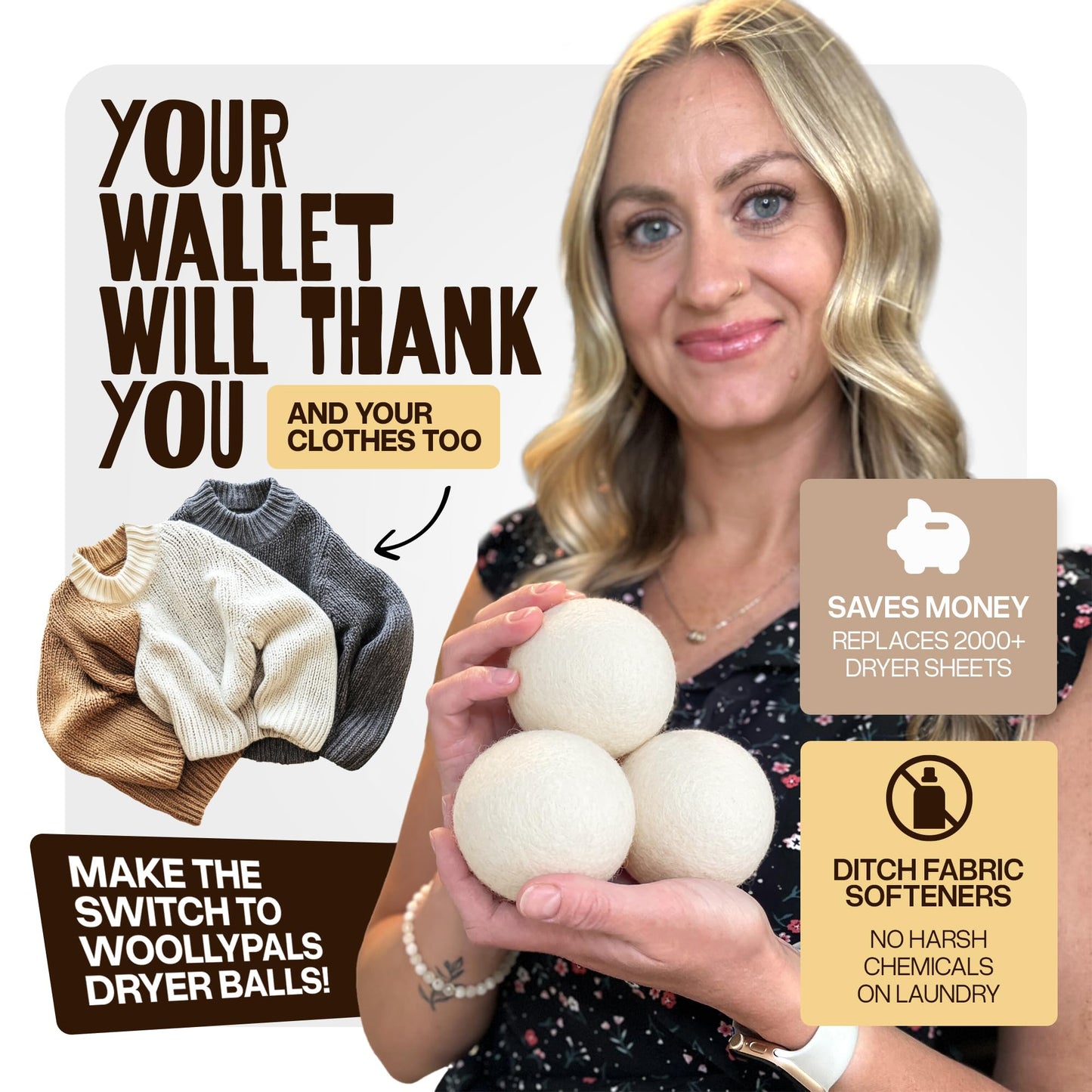 WoollyPals Dryer Balls (6-Pack, XL Size) - 100% New Zealand Wool - No More Dryer Sheets - Eco Dryer