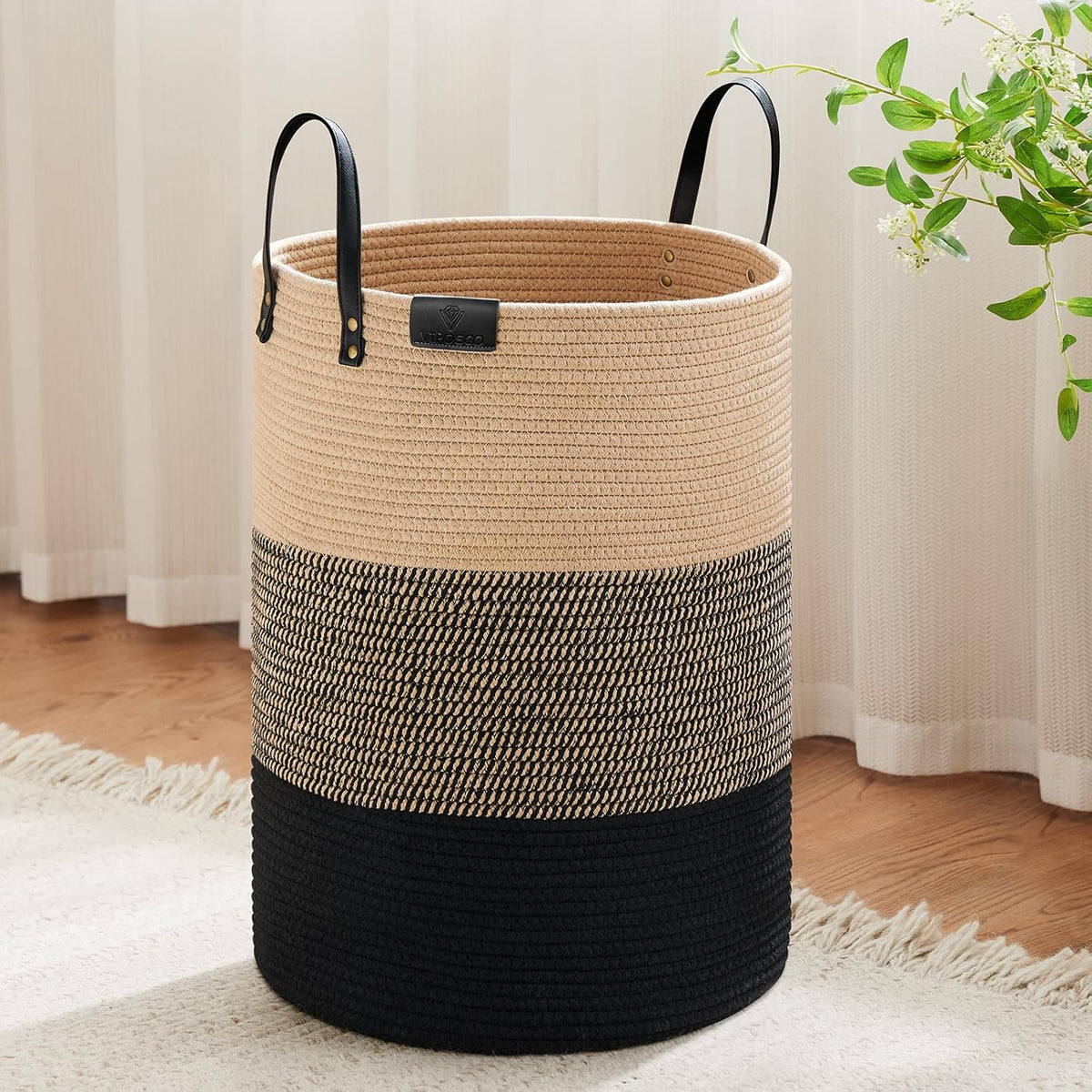 VIPOSCO Tall Laundry Basket, Large Dirty Clothes Hamper with Leather Handle, Woven Rope Storage