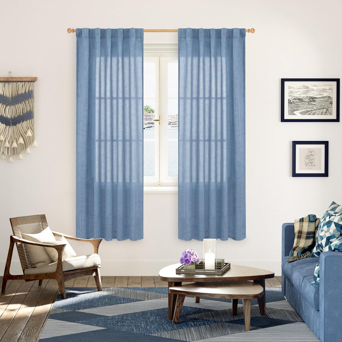 YoungsTex Denim Blue Curtains 72 Inches Long for Living Room Window, Linen Semi Sheer Drapes Light
