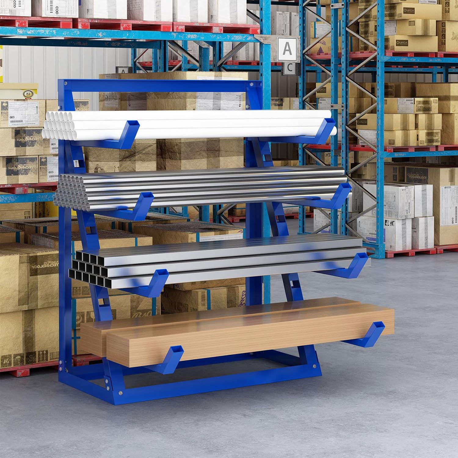 Steel Lumber & Pipe Storage Rack – Heavy Duty 4-Tier Horizontal Organizer Shelf for Garage