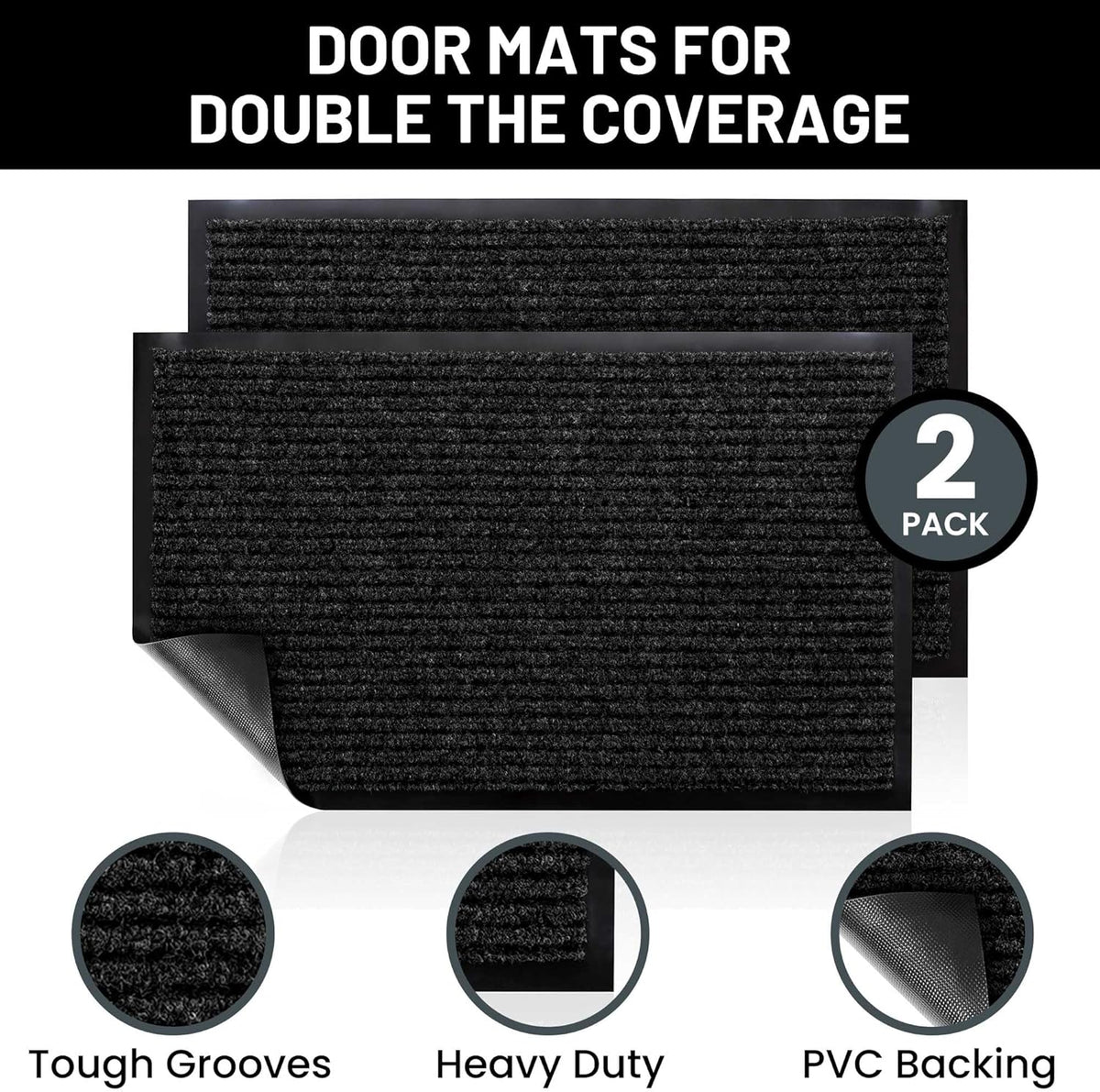 Sierra Concepts 2-Pack Front Door Mat Ribbed Black - Indoor Outdoor Floor Doormat Entryway Welcome