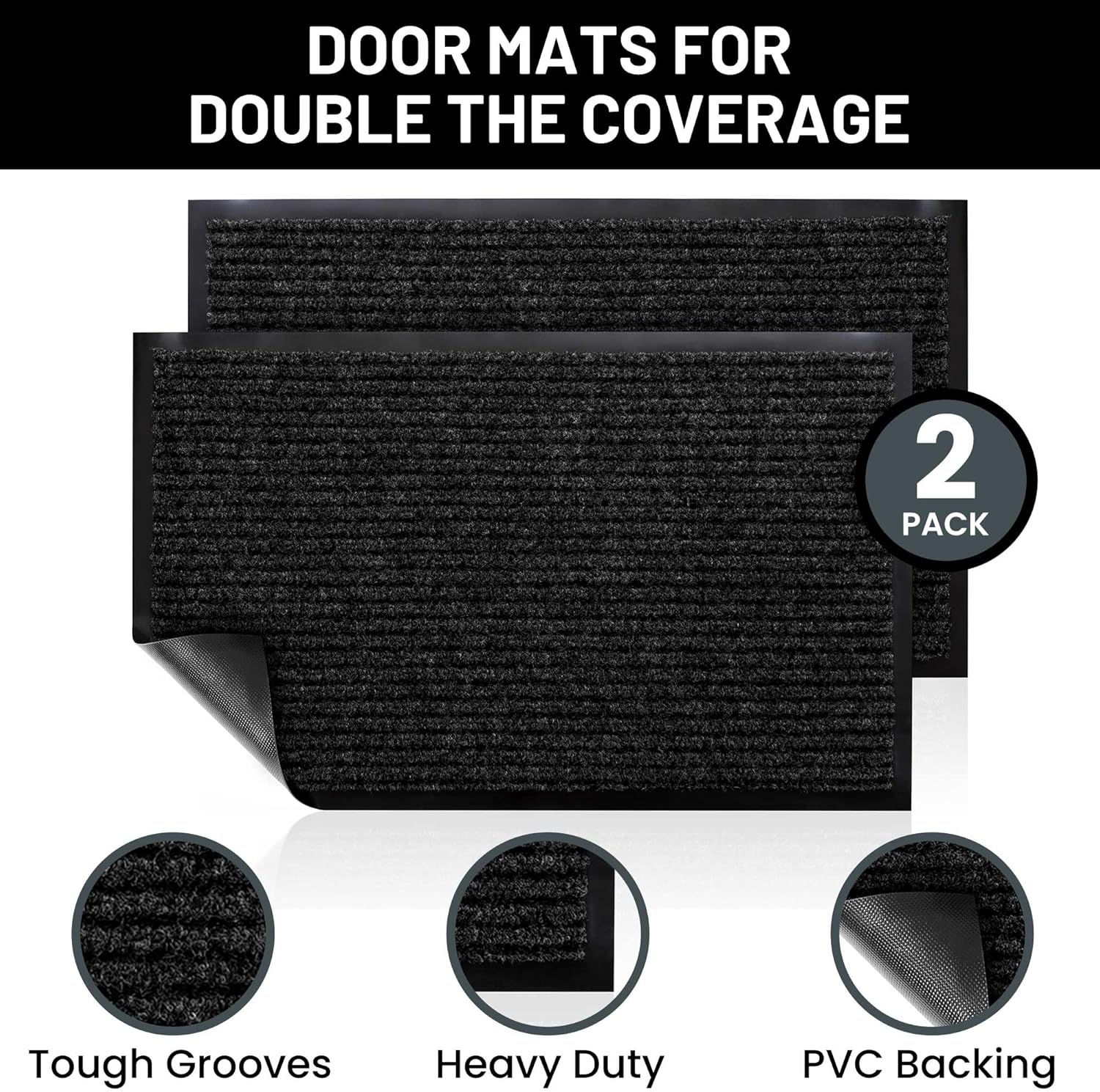 Sierra Concepts 2-Pack Front Door Mat Ribbed Black - Indoor Outdoor Floor Doormat Entryway Welcome