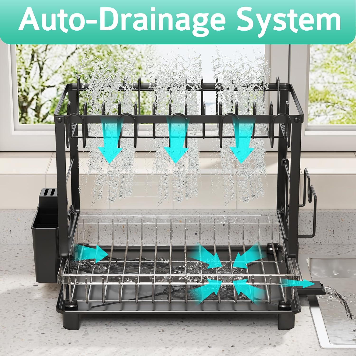 Dish Drying Rack, 2 Tier Space-Saving Dish Rack, Multifunctional Dish Drainer for Kitchen Counter