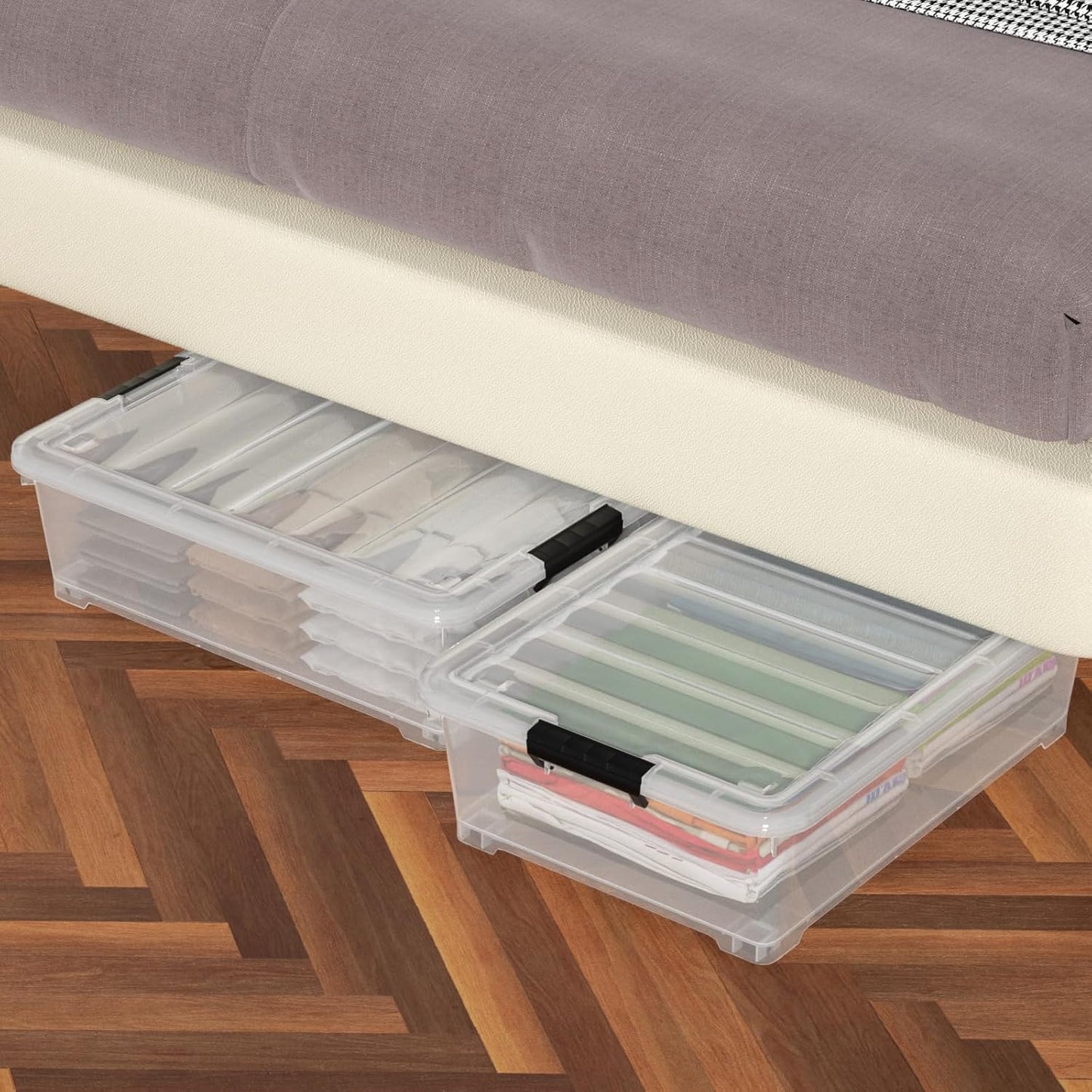 25 Quart Clear Under Bed Storage Container with Wheels, 4 Packs Stackable Plastic Underbed Bin with
