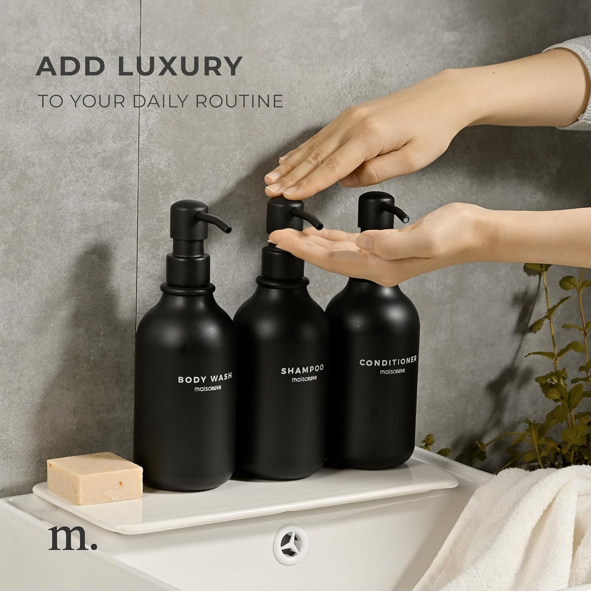 MaisoNovo Refillable Shampoo and Conditioner Bottles | 16.9 fl oz Set of 3 Black Plastic Bottles