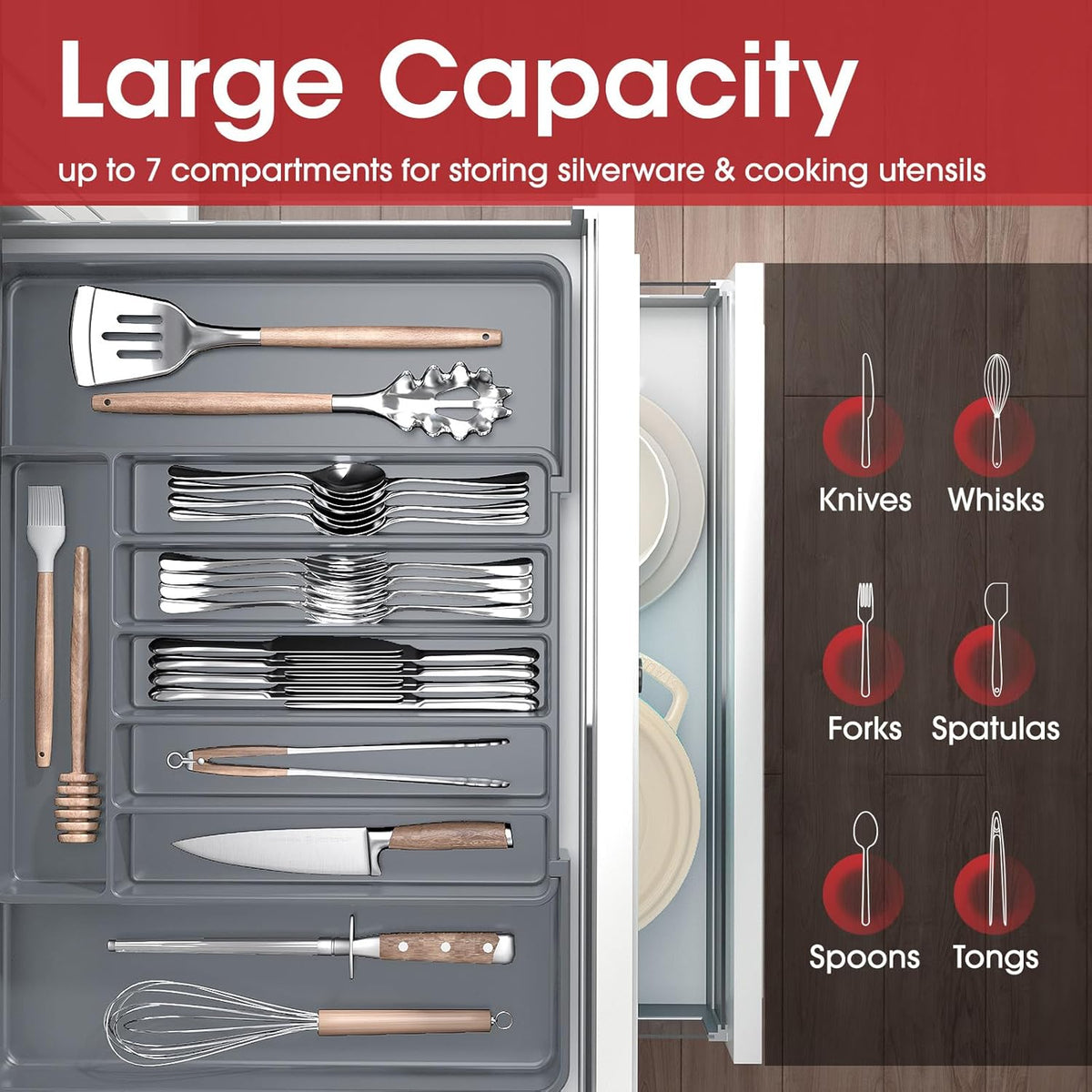 Aujen Silverware Organizer - Expandable Kitchen Drawer Organizer, Adjustable Utensil Organizer