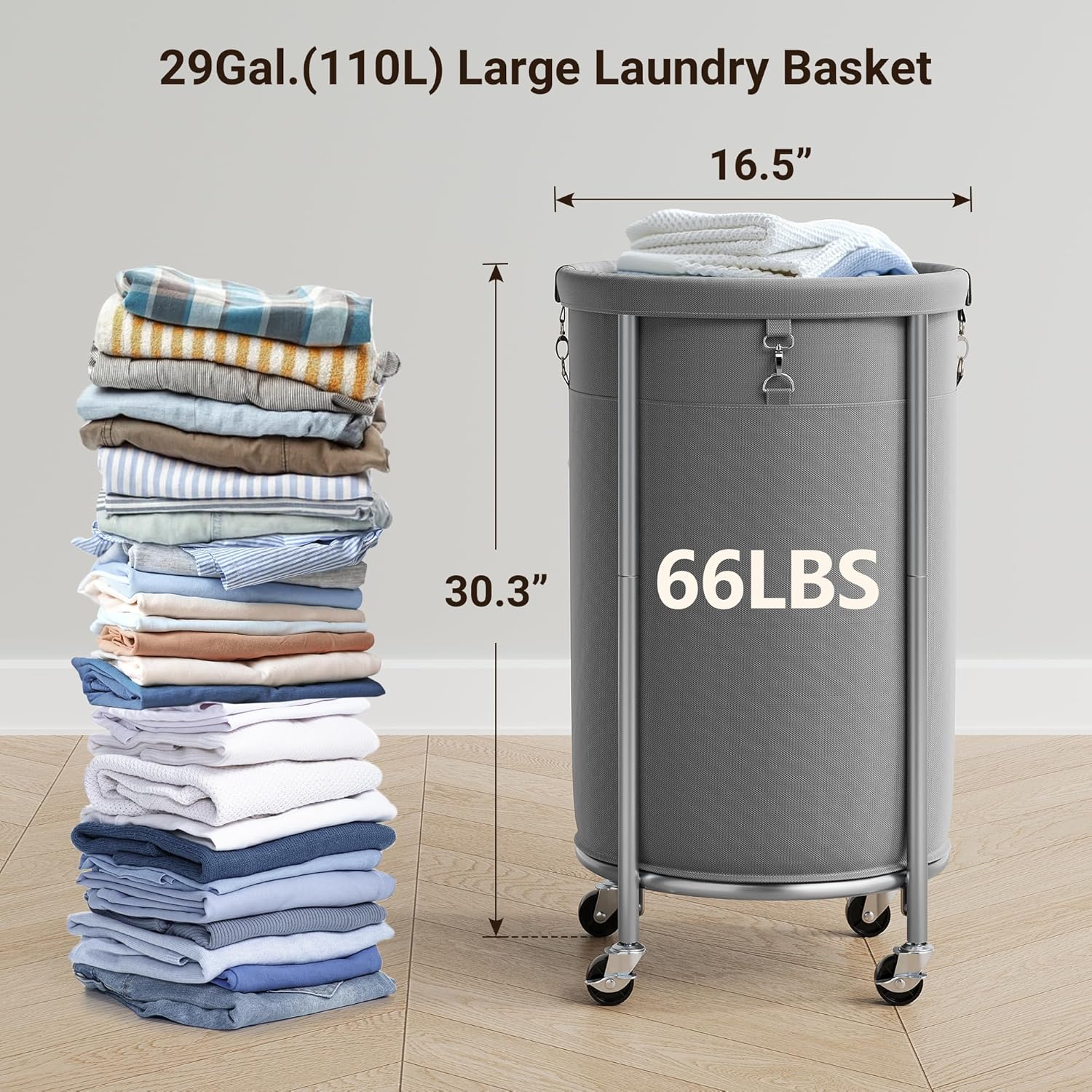 ELYKEN Laundry Hamper with Wheels, 110L Rolling Laundry Basket, Round Laundry Cart with Steel Frame