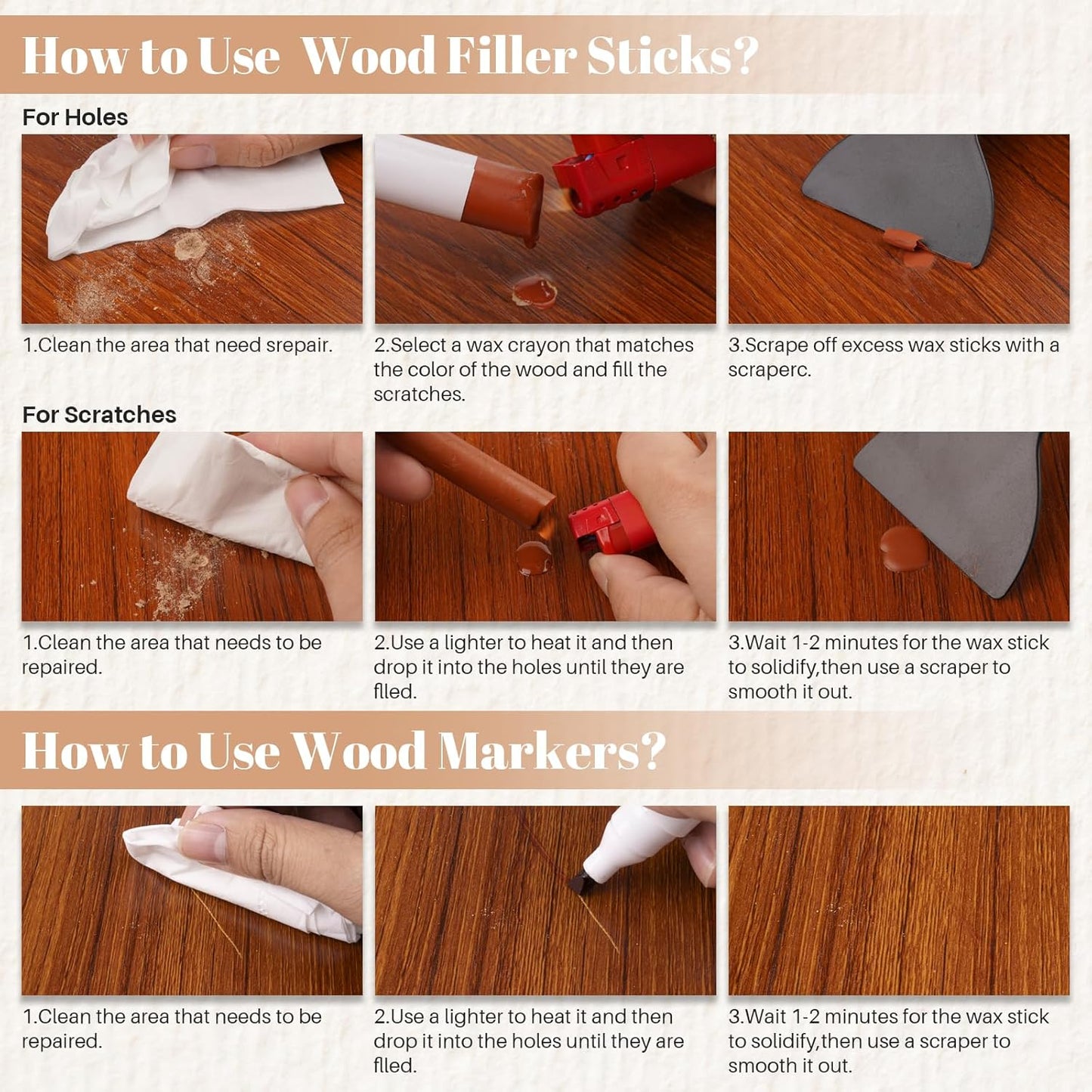 Wood Filler Sticks, 12 Colors Wood Wax Crayons Furniture Markers Touch Up for Repair Any Furniture