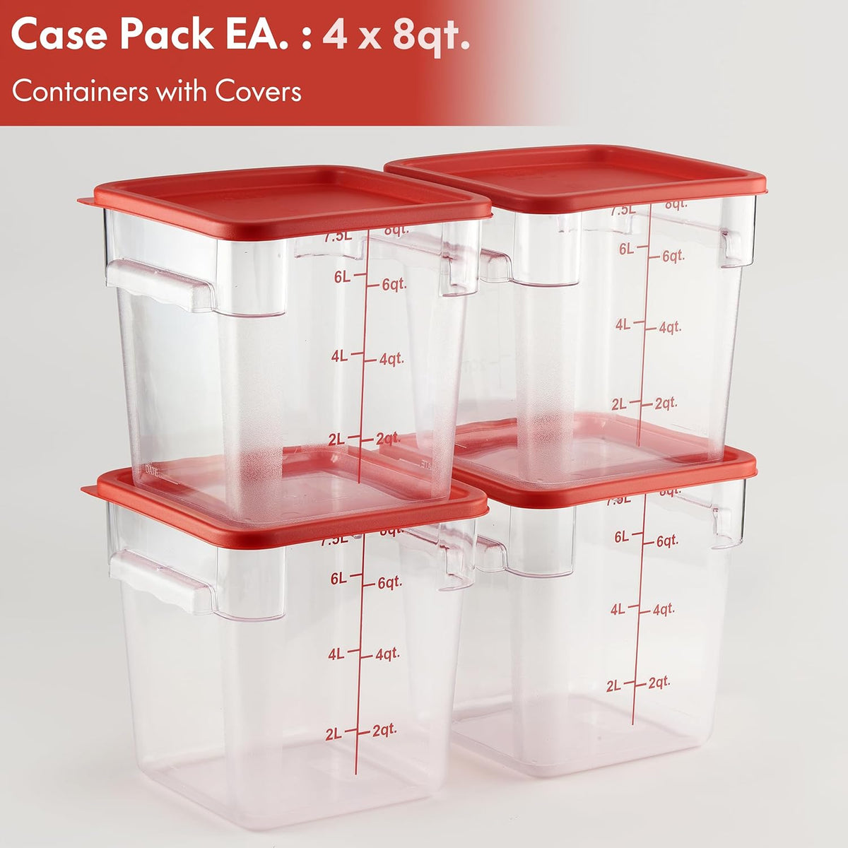 CURTA 4 Pack Food Storage Container with Red Lid - NSF Listed Commercial Grade in 8.0 Qt - Square