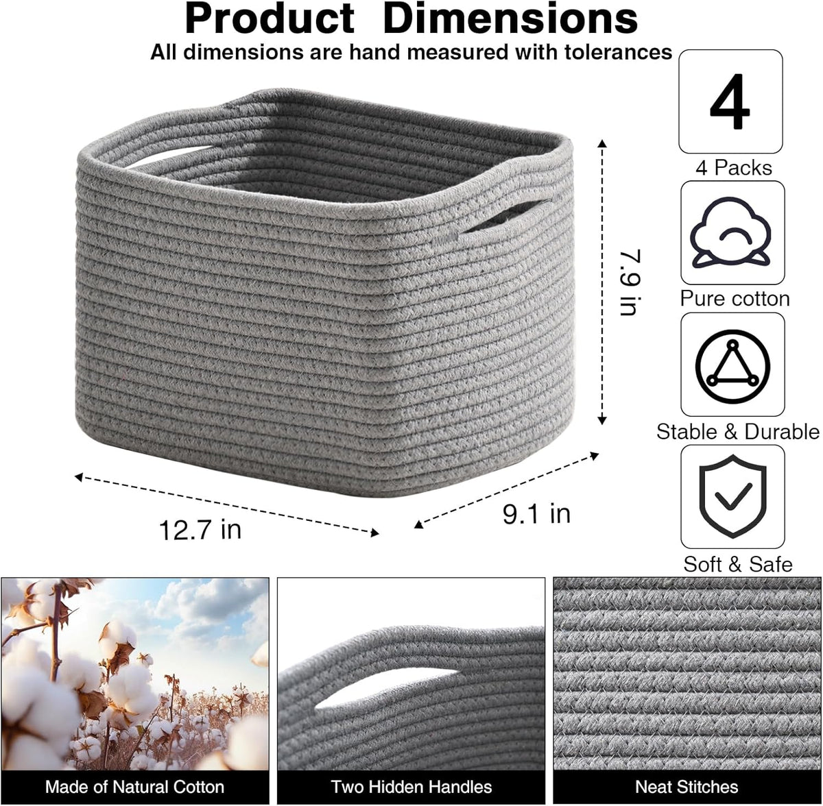 Small Storage Baskets for Organizing, Woven Storage Baskets for Shelves, Cotton Rope Basket for