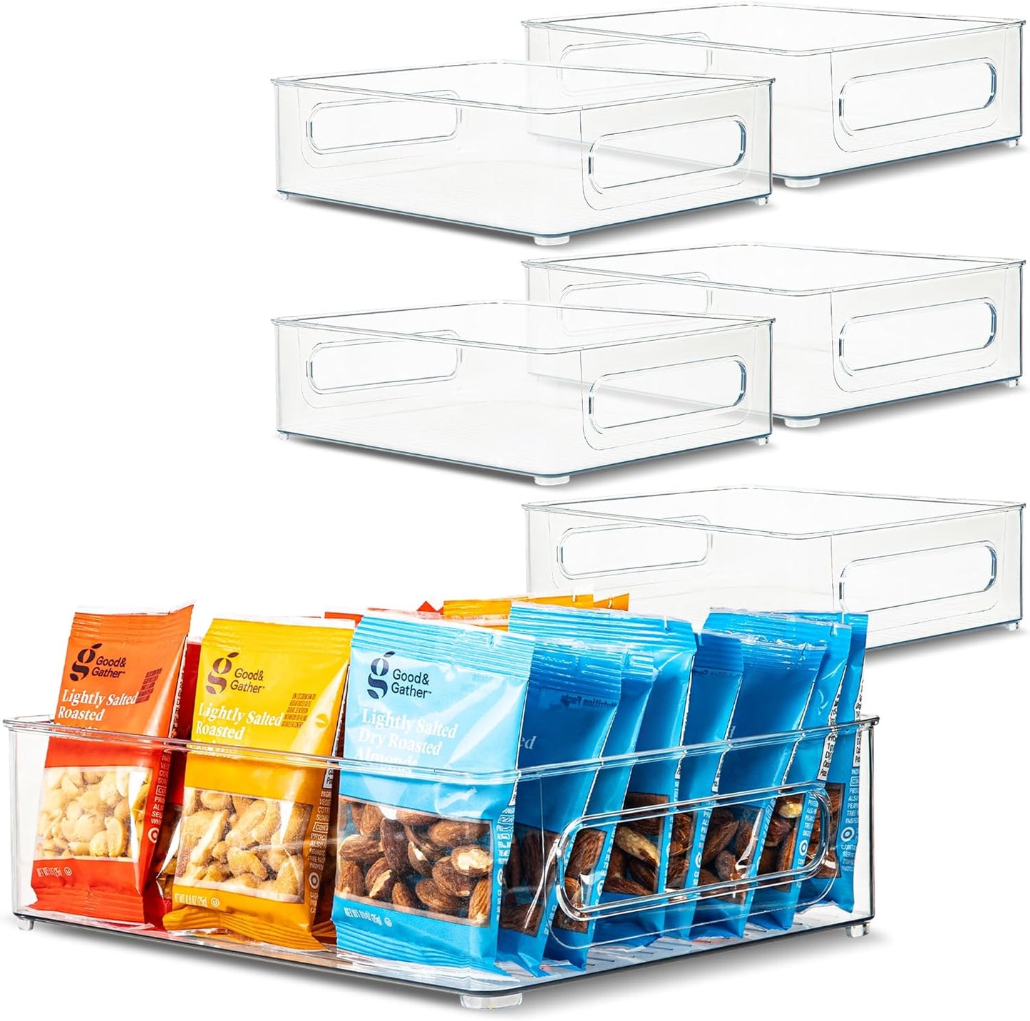 Plastic Food Storage 6 Pack Clear Container Bin with Handles for Organizing Kitchen, Pantry
