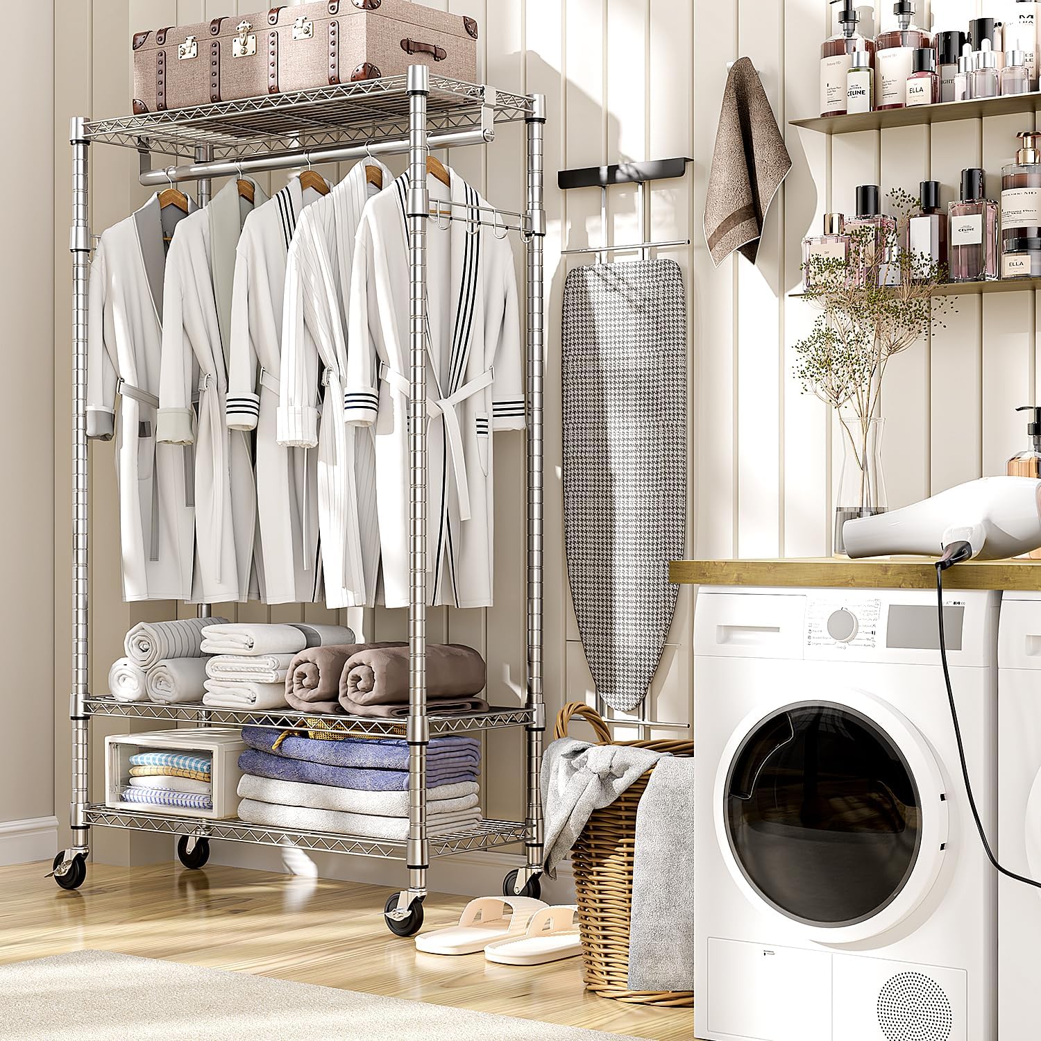 Heavy Duty Rolling Garment Rack 3 Tiers Adjustable Wire Shelving Clothes Rack with Rods and Side