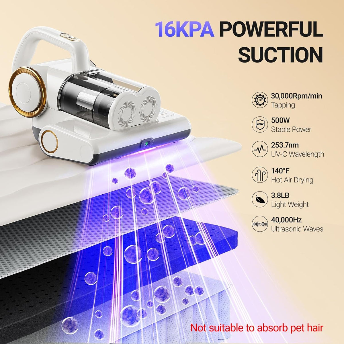 FEPPO Mattress Vacuum Cleaner, 16Kpa Bed Vacuum Cleaner with 253.7nm UV-C Light, 140°F Heat, HEPA