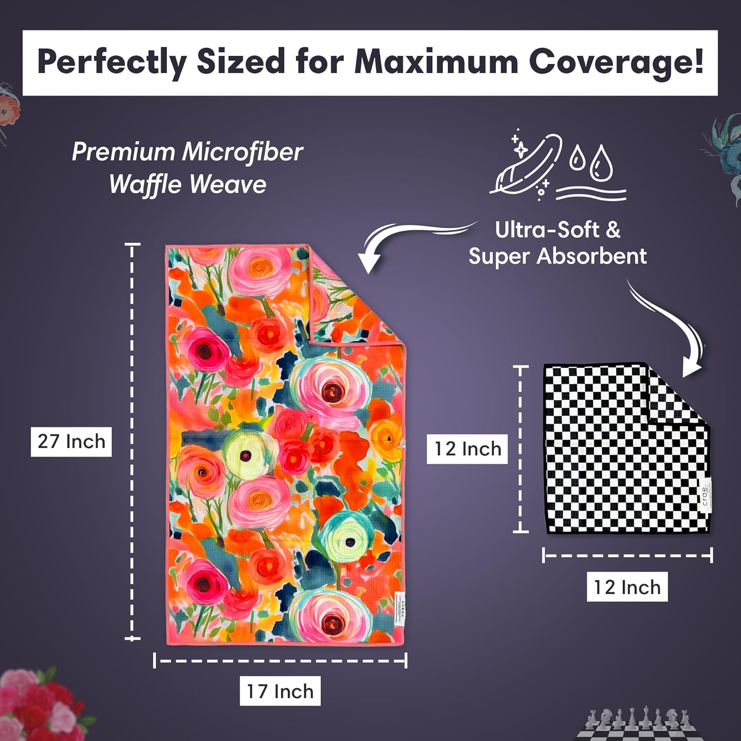 Microfiber Hand Towel & Washcloth Set of 2 - Double-Sided, Waffle Weave, Super Absorbent