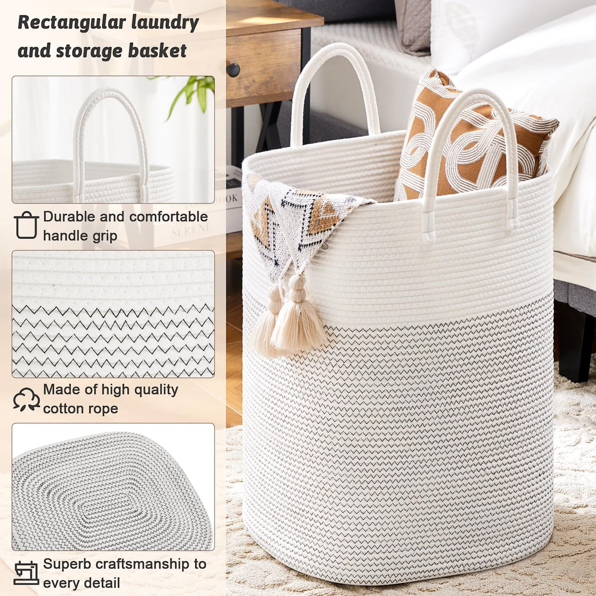 Laundry Basket,Woven Cotton Rope Laundry Hamper,Versatile Storage for Dirty Clothes,Baby Toys,and