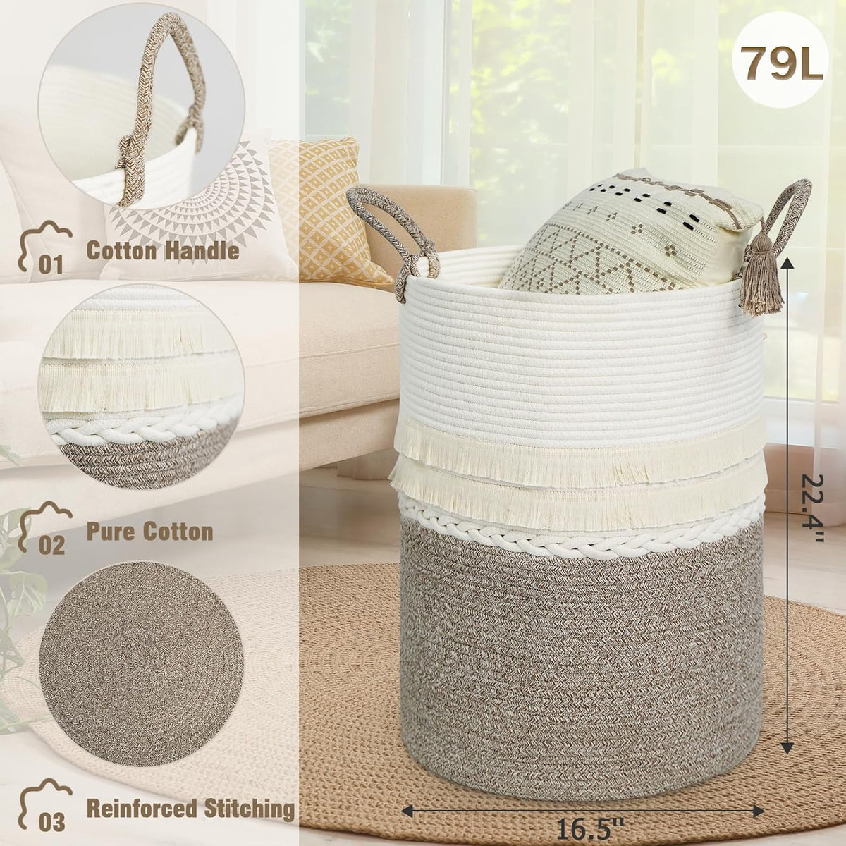 danpinera 79 L Large Laundry Basket, Tall Woven Cotton Storage Hamper with Handles, Dirty Clothes