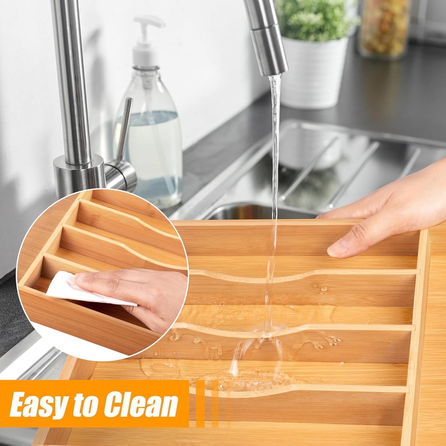 Bellsal Bamboo Silverware Drawer Organizer, Kitchen Utensil Drawer Organizers, 12"x15.7" Utensils