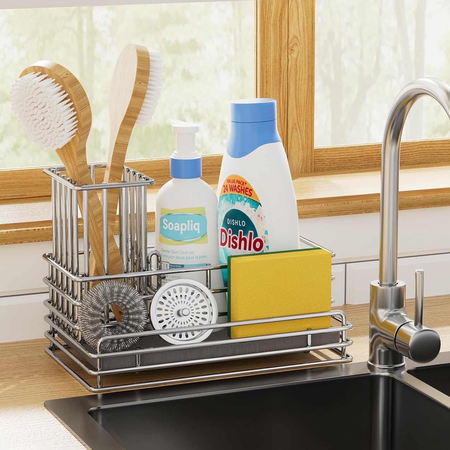 Yofidra Kitchen Sink Caddy with Instant Drying Stone, Metal Stainless Steel Dish Sponge Holder