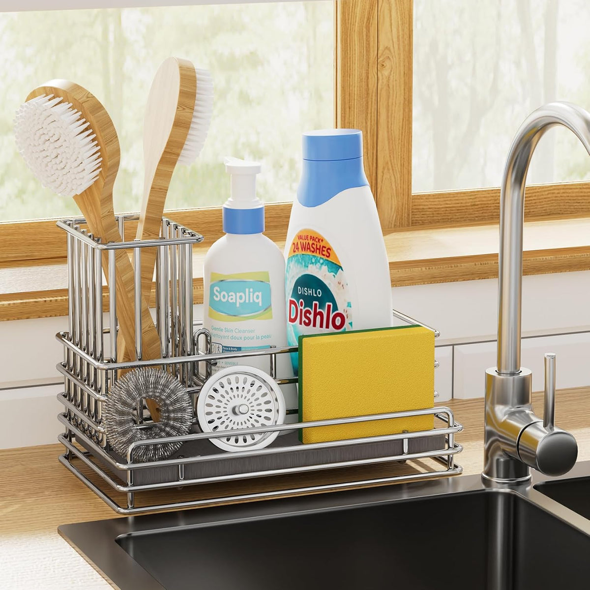 Yofidra Kitchen Sink Caddy with Instant Drying Stone, Metal Stainless Steel Dish Sponge Holder