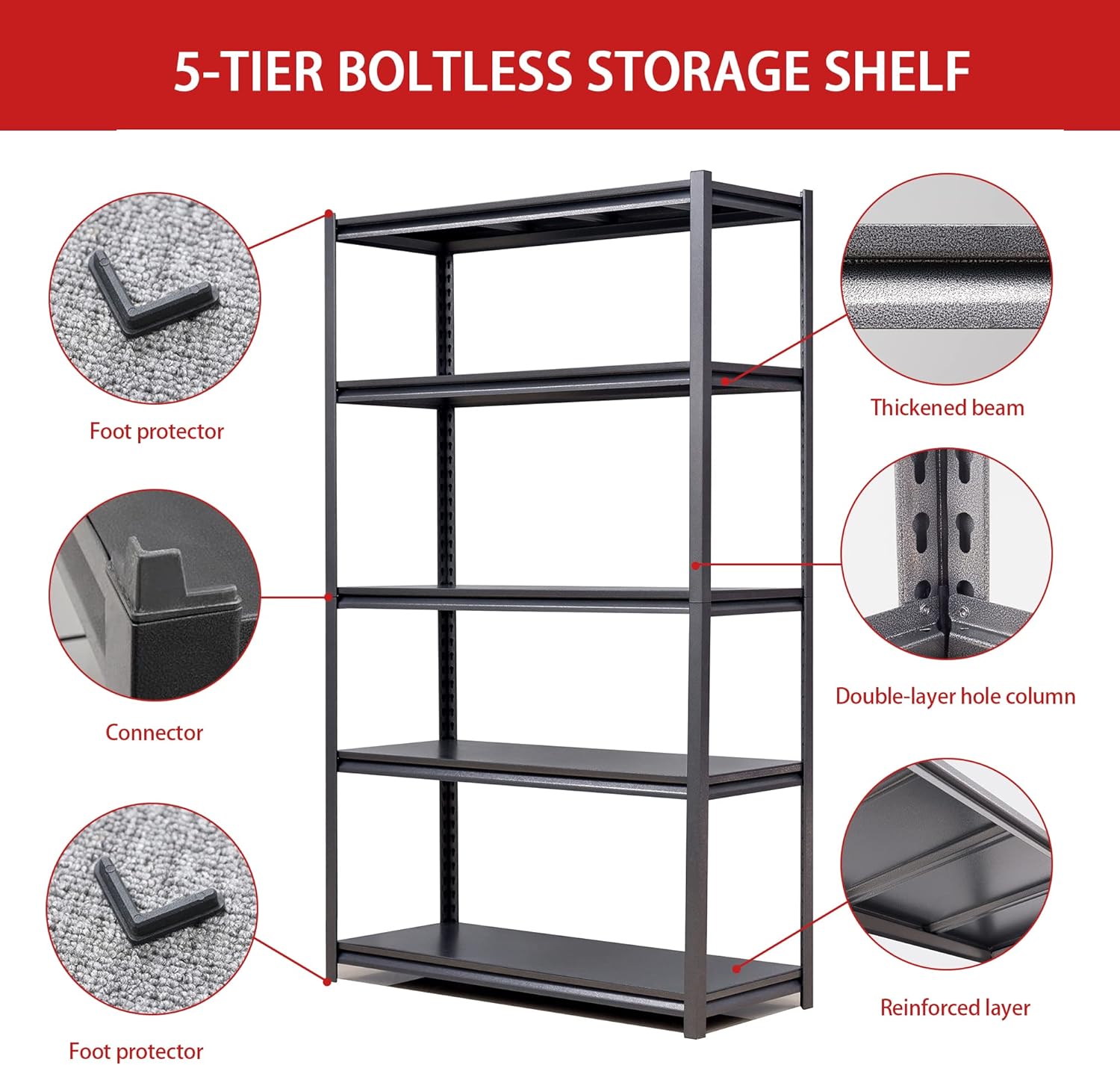 72" H Garage Shelving, Metal Storage Shelves, Adjustable 5 Tier Storage Rack, Heavy Duty Shelving