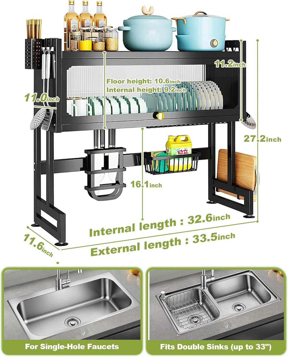Over The Sink Dish Drying Rack 3-Tier Dish Drainer Racks with Cover Space-Saving Kitchen Organizer