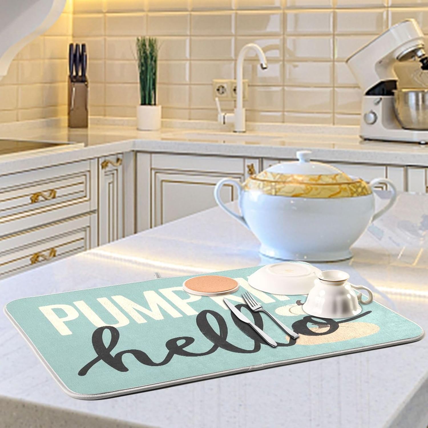 Hello Pumpkin Turquoise Fall Dish Drying Mat for Kitchen Countertop 18x24 Aqua Teal Autumn Large