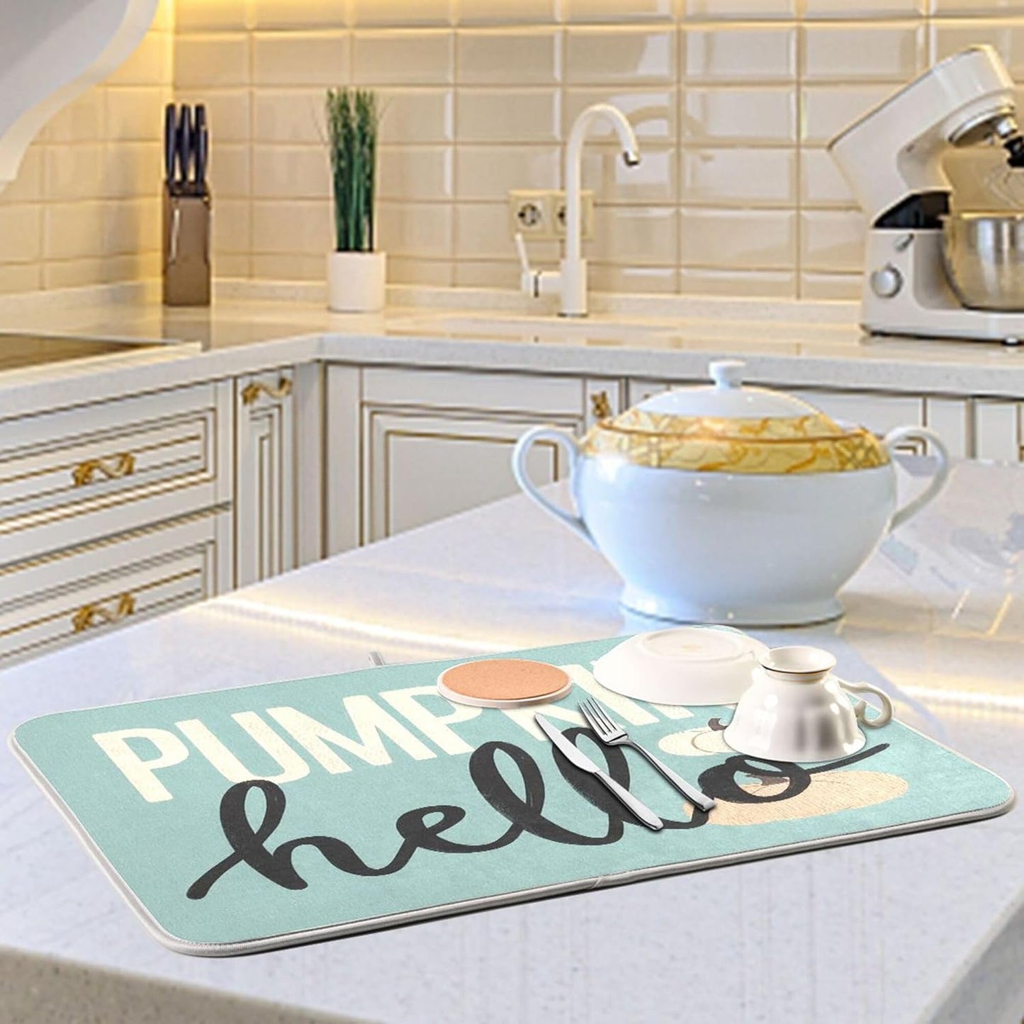 Hello Pumpkin Turquoise Fall Dish Drying Mat for Kitchen Countertop 16x18 Aqua Teal Autumn Small