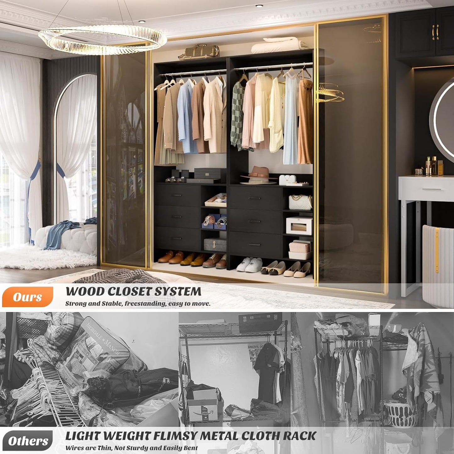 Aheaplus 2.5FT Closet System with 3 Drawers, 29.5’’ Closet Organizer, Wood Closet Organizer System