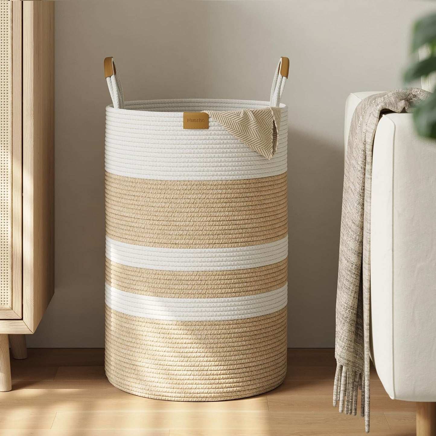 75L Striped Laundry Hamper with Leather Handles,Large Foldable Laundry Basket for Clothes,Cotton