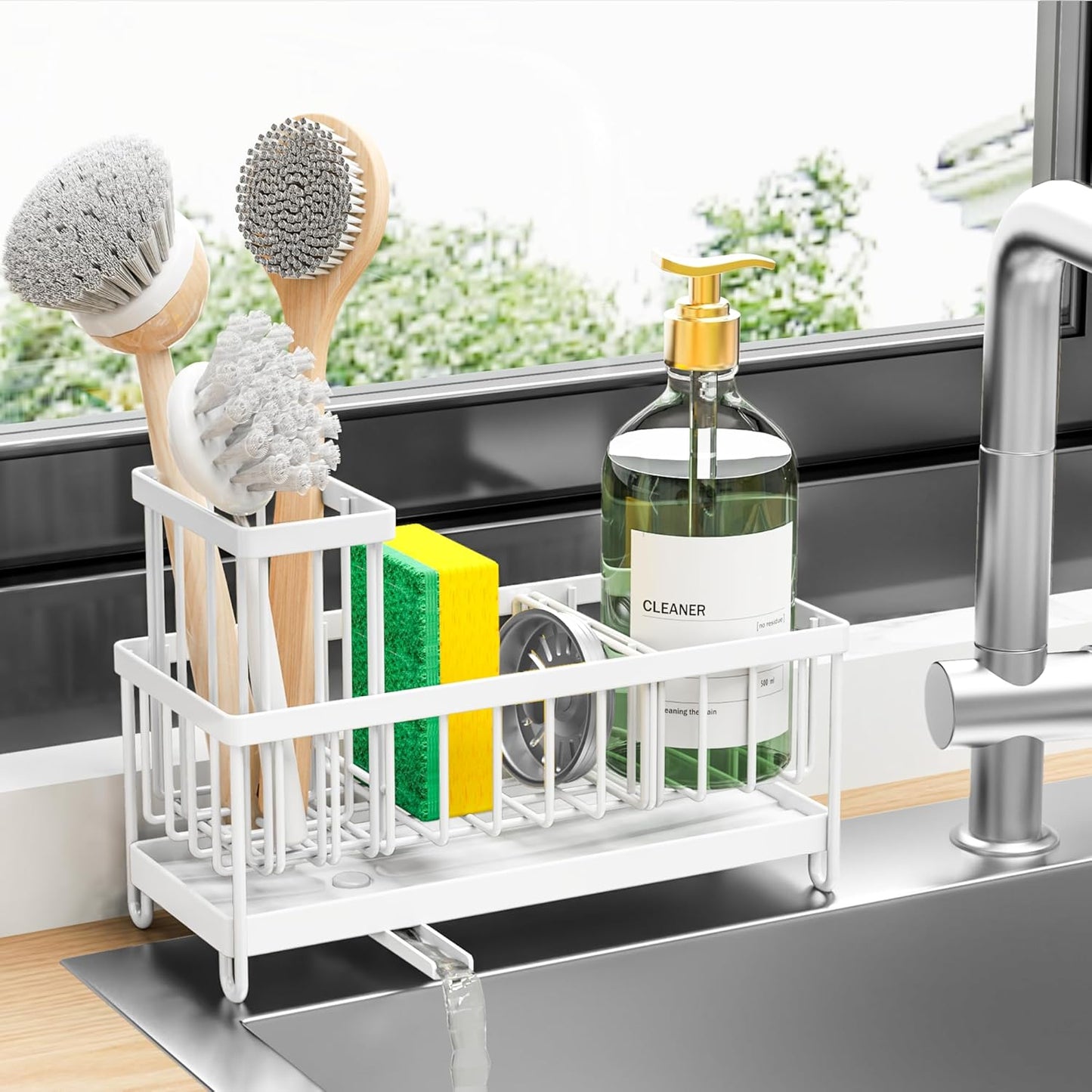 Cisily White Sponge Holder for Kitchen Sink, Sink Caddy Organizer with High Brush Holder, Kitchen