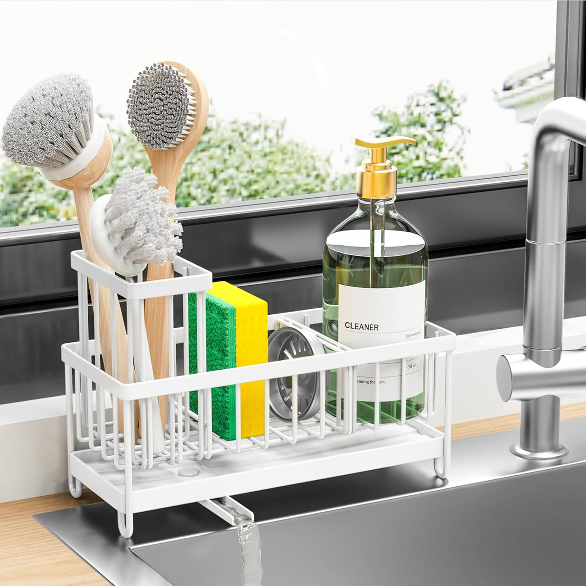 Cisily White Sponge Holder for Kitchen Sink, Sink Caddy Organizer with High Brush Holder, Kitchen