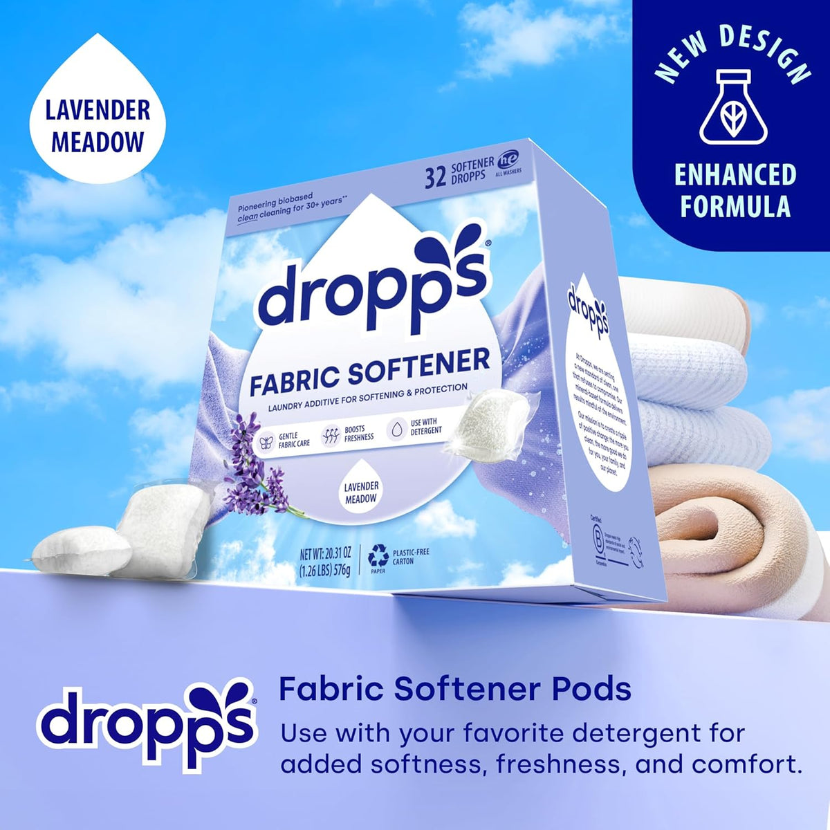 Dropps Laundry Fabric Softener Pods, Lavender Meadow (32 Pods) - Laundry Additive for Softening &