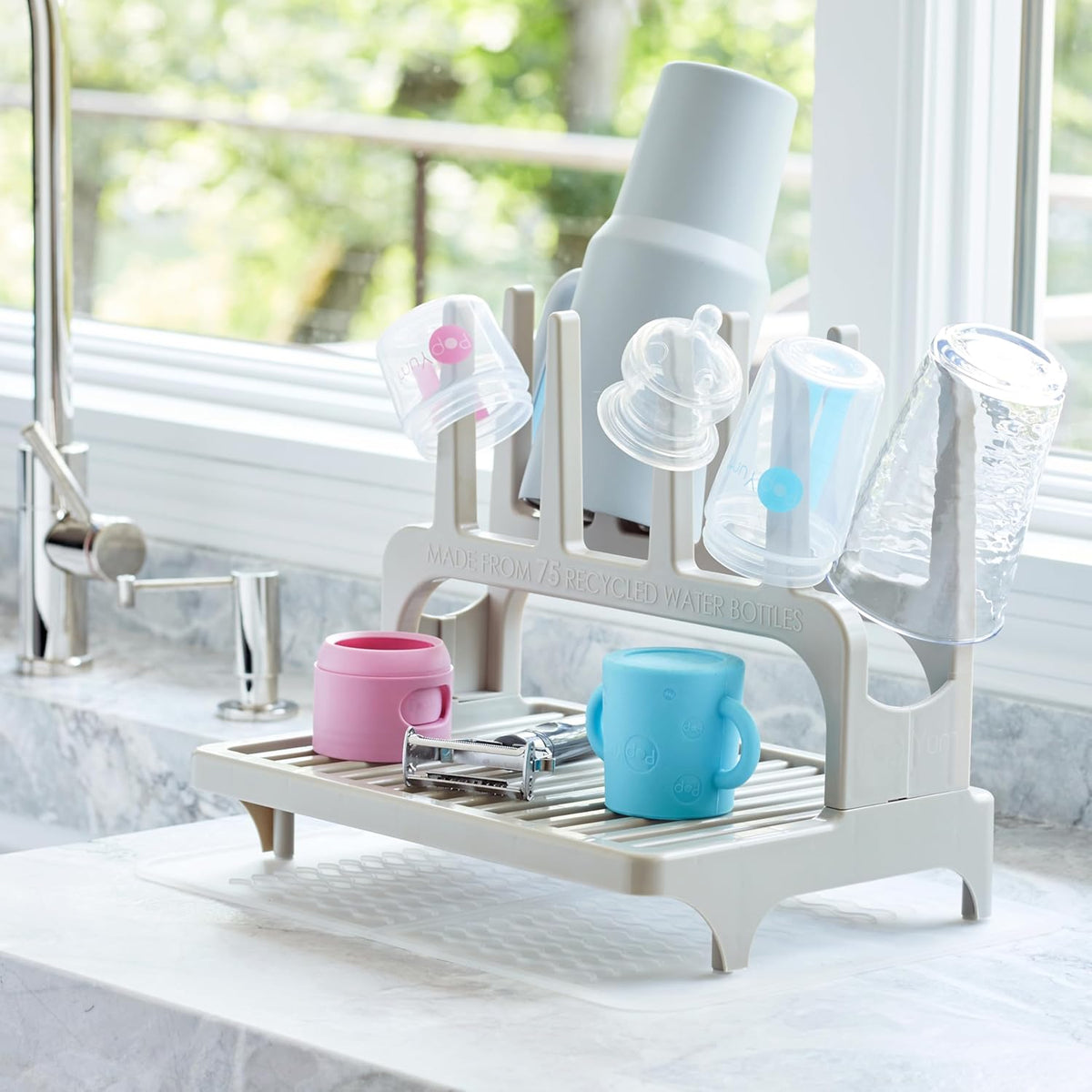 PopYum Seattle Gray Space Saving Drying Rack from 100% Recycled Bottles with Clear Frosted Silicone