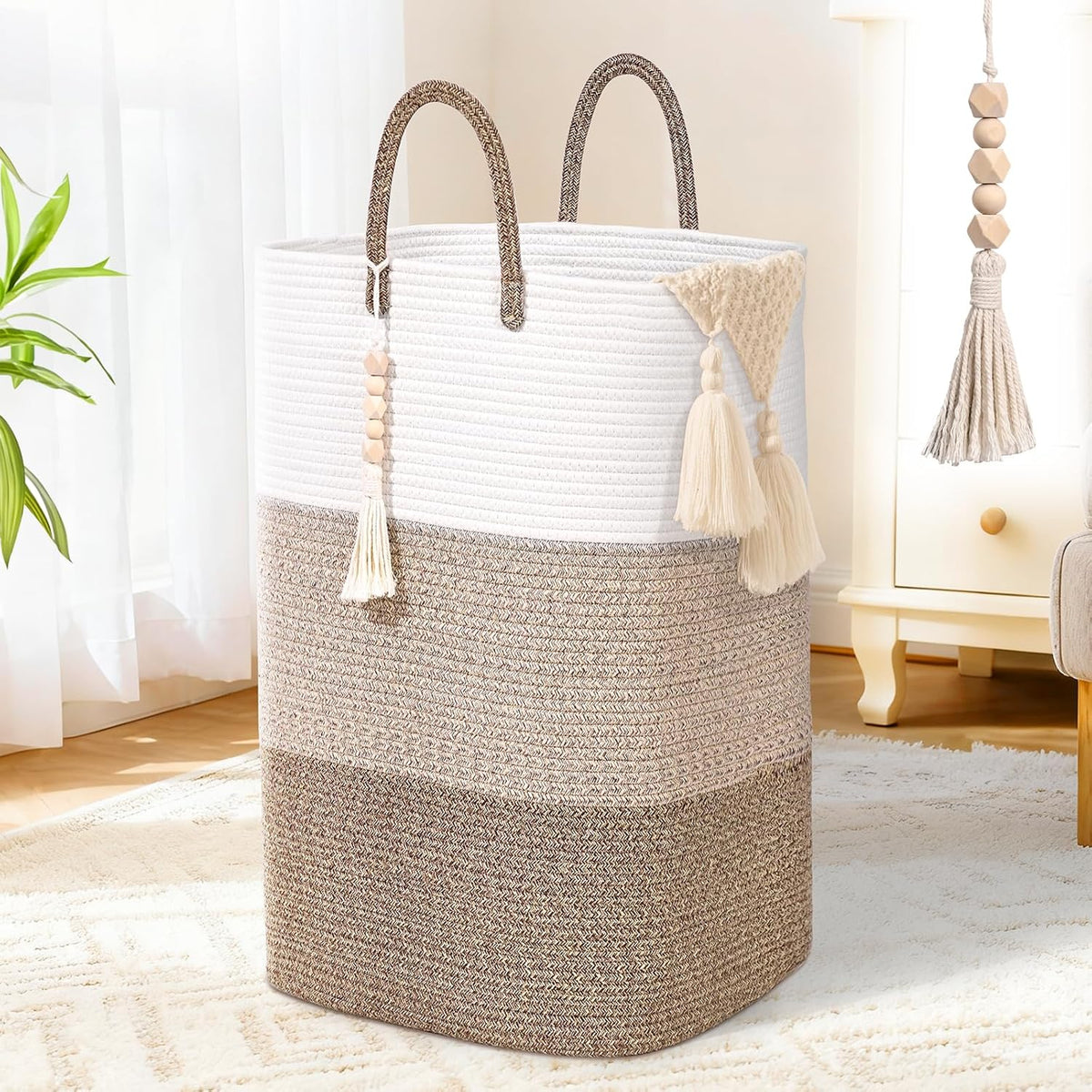 Woven Laundry Basket for Clothes,100 L Large Rectangle Laundry Hampers with Beads Tassel, Nursery
