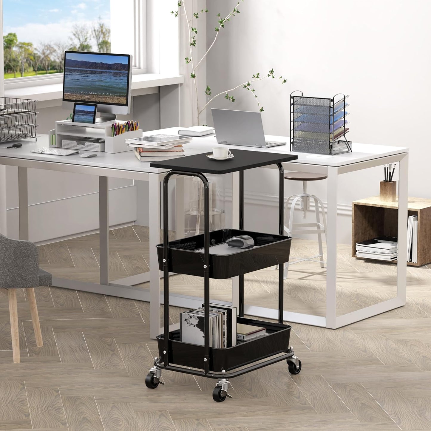 Simple Houseware 2-Tier Rolling Utility Cart with Lockable Wheels and Wood Top, Metal Storage
