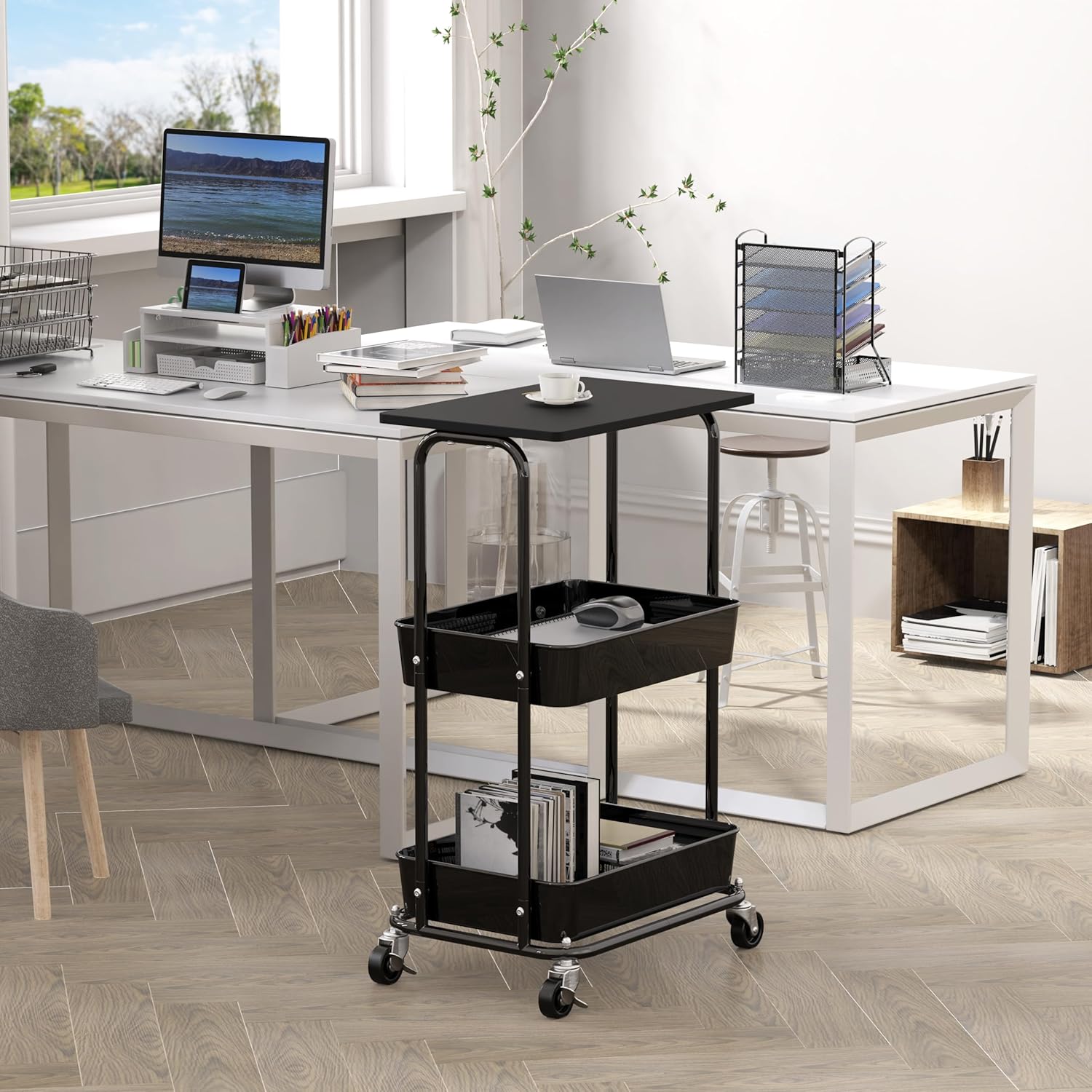 Simple Houseware 2-Tier Rolling Utility Cart with Lockable Wheels and Wood Top, Metal Storage