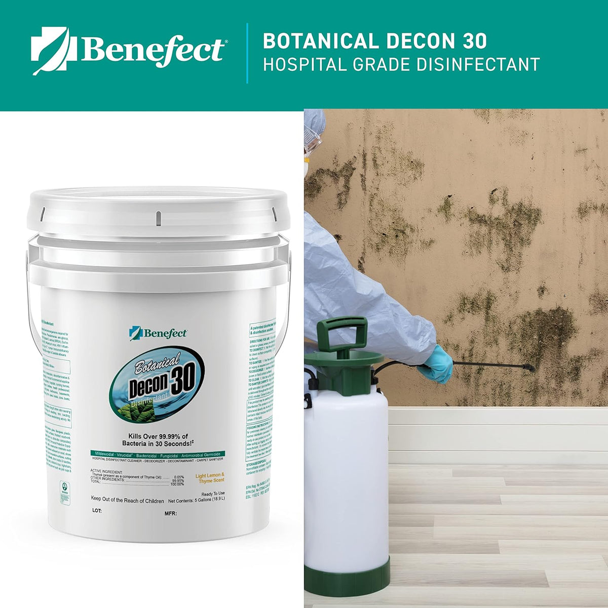 Benefect Botanical Decon 30 Disinfectant Cleaner, 5 Gallon, Light Lemon & Thyme Scent, Hospital