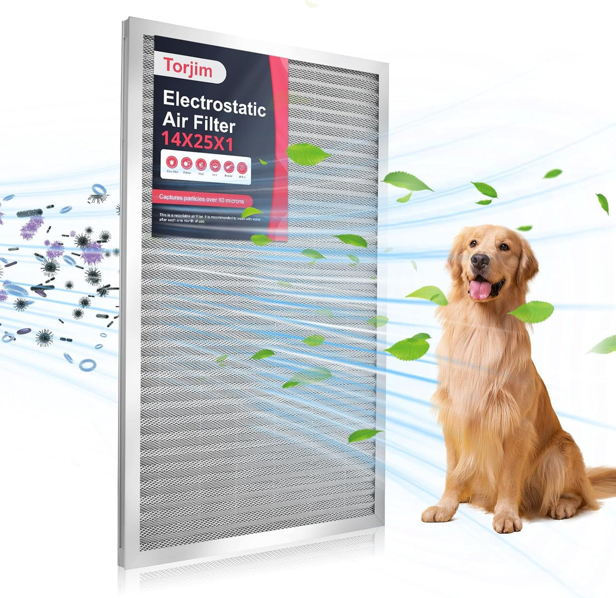 Torjim 14x25x1 Air Filter-MERV8, Washable & Reusable AC/HVAC Permanent Electrostatic Furnace