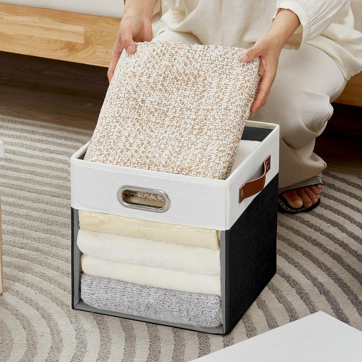 Fabric Storage Cubes with Clear Windows and Lids 11'' Foldable Storage Bins with 3 Handles