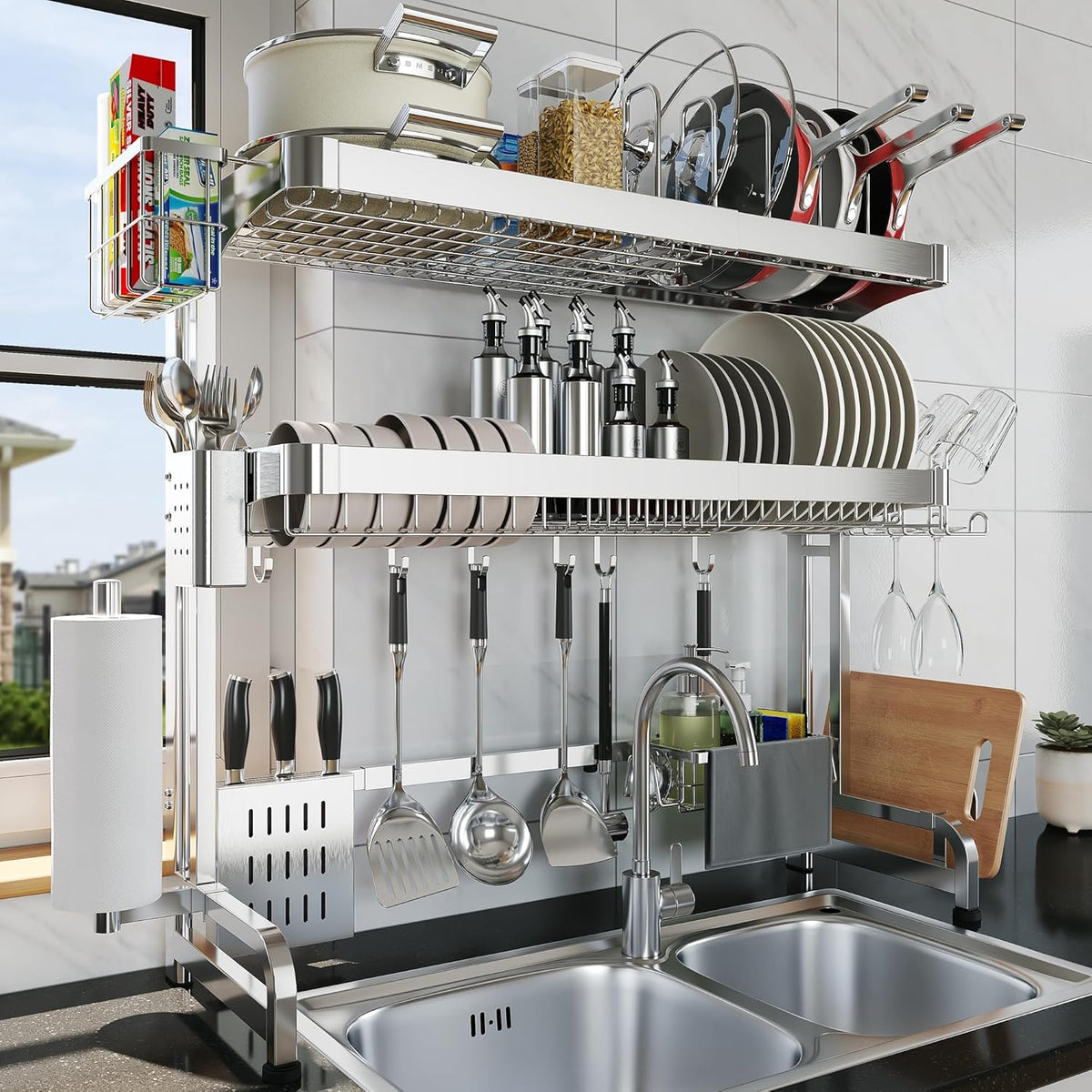 Over The Sink Dish Drying Rack,3 Tier Adjustable Length Full Stainless Steel Large Storage Kitchen