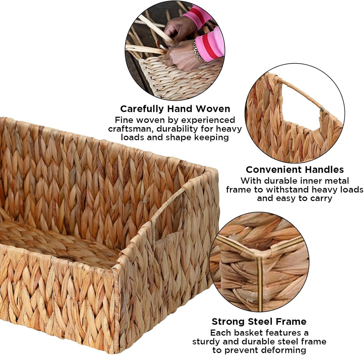 Ollieroo Natural Water Hyacinth Storage Baskets, Handwoven Wicker Storage Bins with Built-in