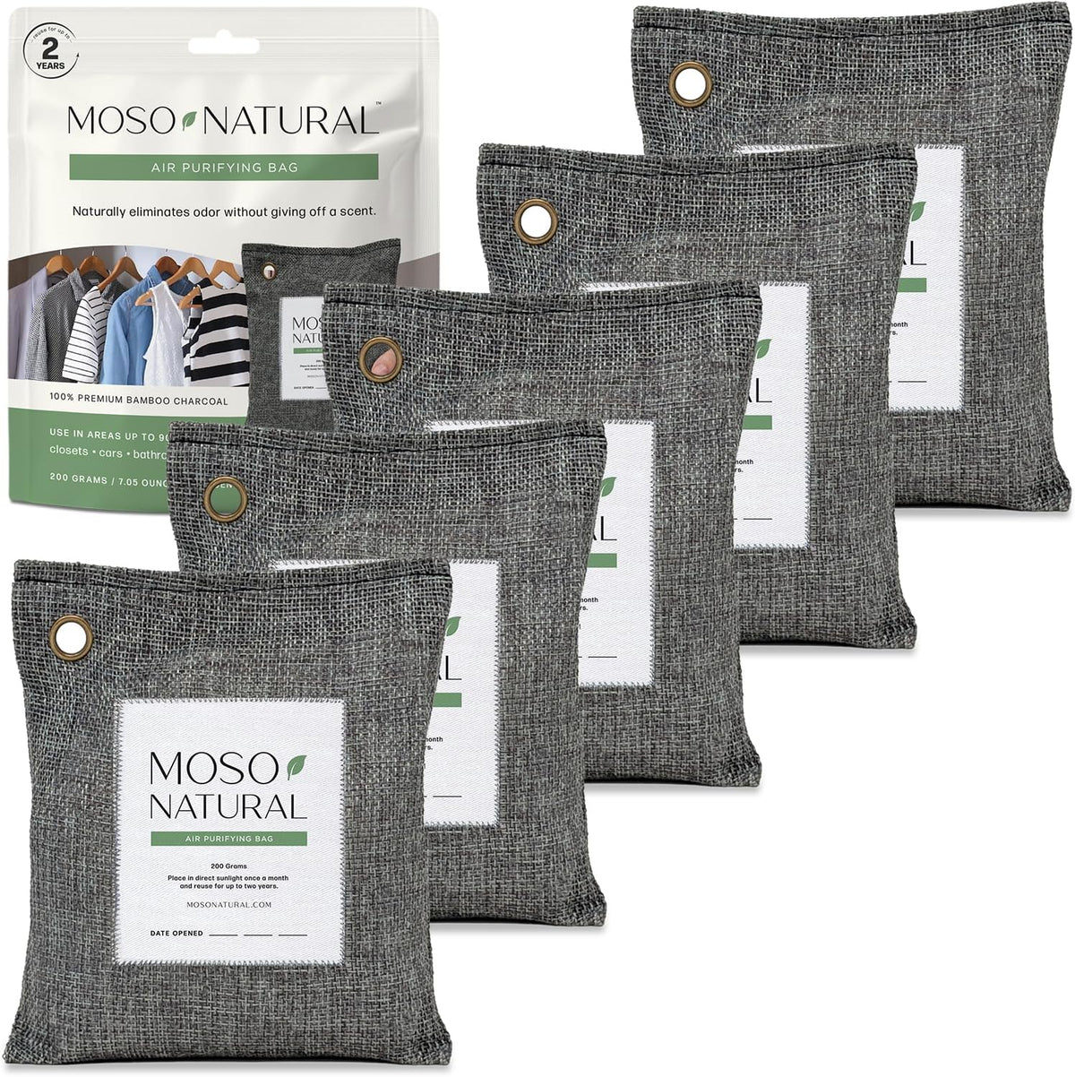 Moso Natural Air Purifying Bag 200g (5 Pack) Bamboo Charcoal Odor Absorber for Home & Car | Closet