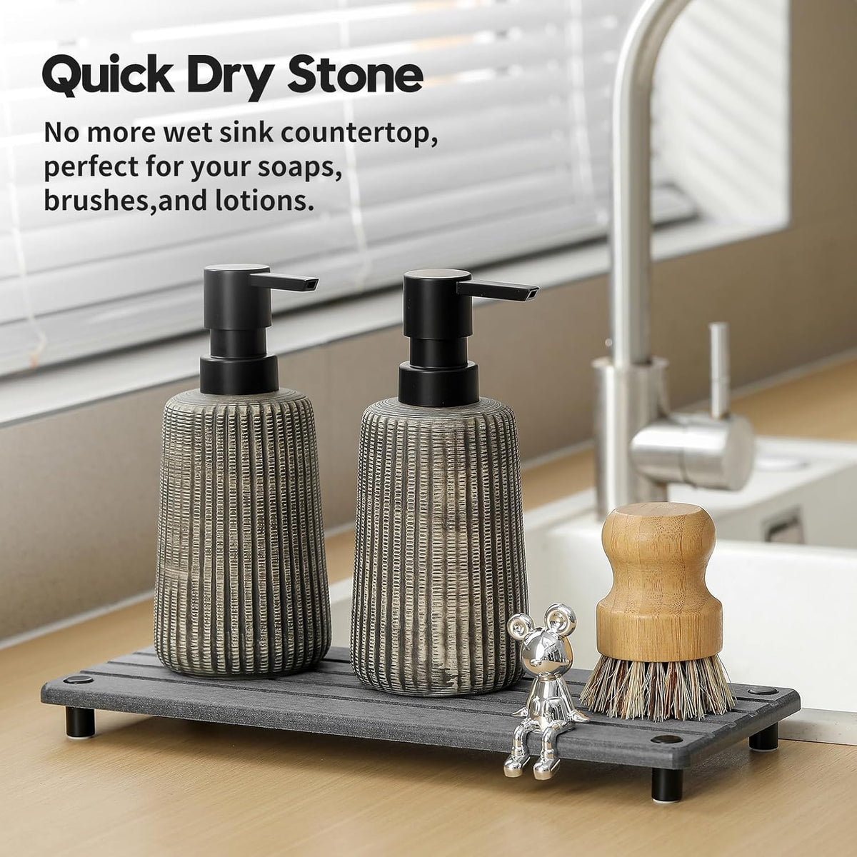 Instant Dry Sink Caddy Kitchen Sink Organizer, Quick Drying Stone Tray Diatomite Sponge Holder Soap