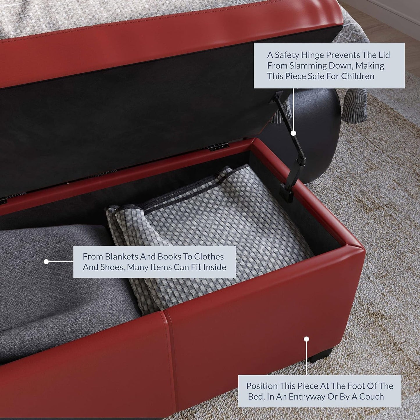 BELLEZE Storage Faux Leather Ottoman, 47 Inch Bench Bedroom Bench with Safety Close Hinge, Extra