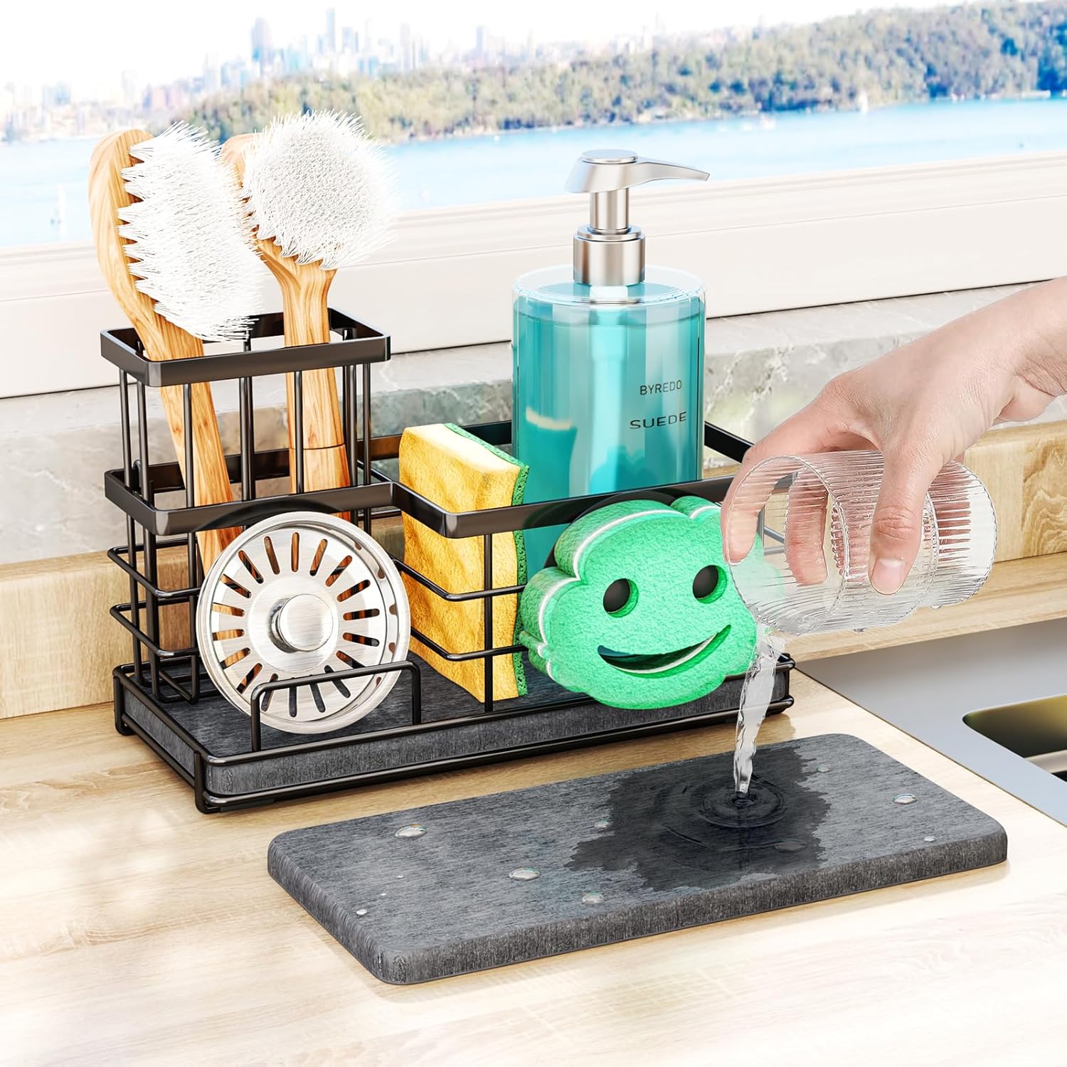 SWTYMIKI Kitchen Sink Caddy Organizer, Quick Dry Smiley Face Sponge Holder with Instant Drying