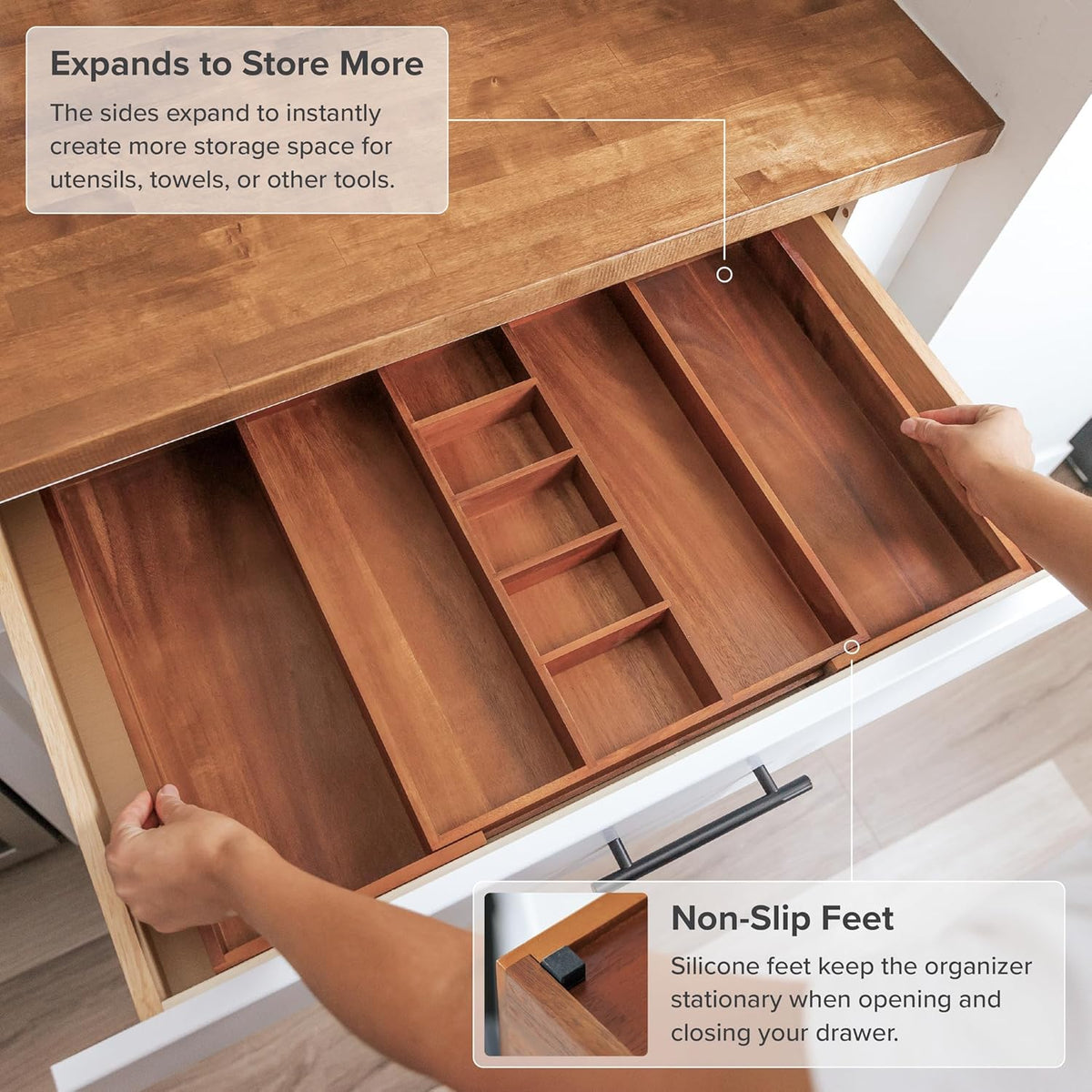 KitchenEdge Adjustable Kitchen Drawer Organizer for Utensils and Junk, Food-Safe Contract Grade