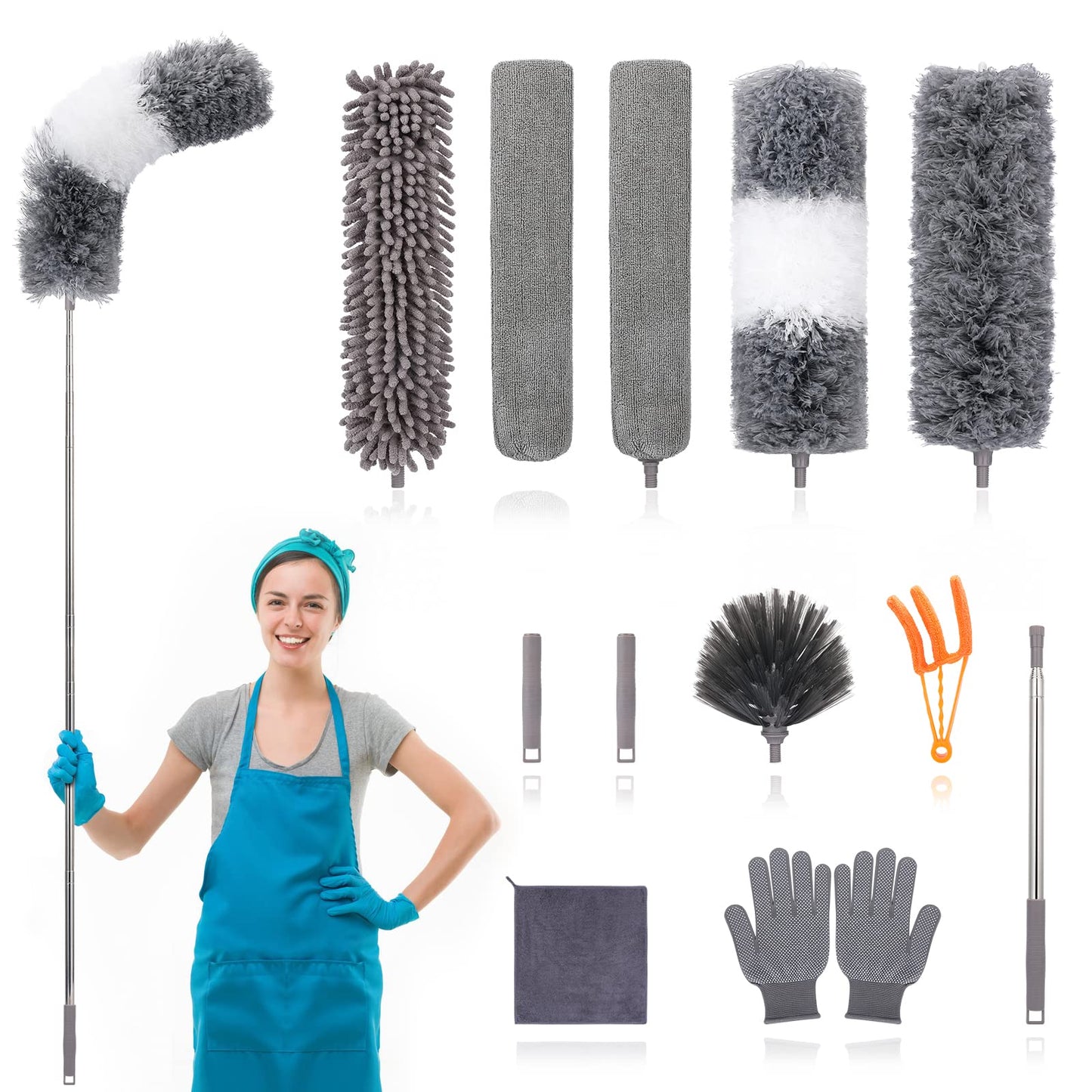 12pcs Microfiber Dusters, Duster with Extension Pole(Stainless Steel) 30 to 100'', Washable