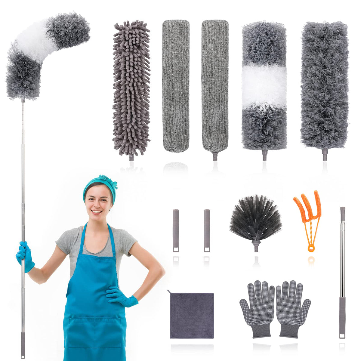 12pcs Microfiber Dusters, Duster with Extension Pole(Stainless Steel) 30 to 100'', Washable